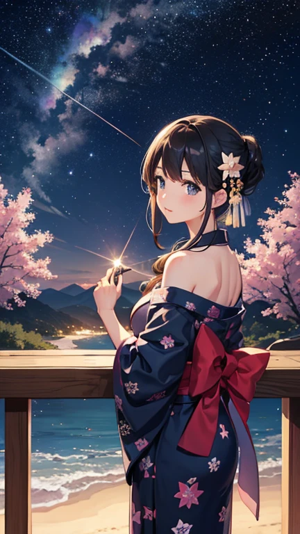 Landscape Photography、wallpaper、Starry Sky、Meteorilky way、Yukata Girls、Off the shoulder