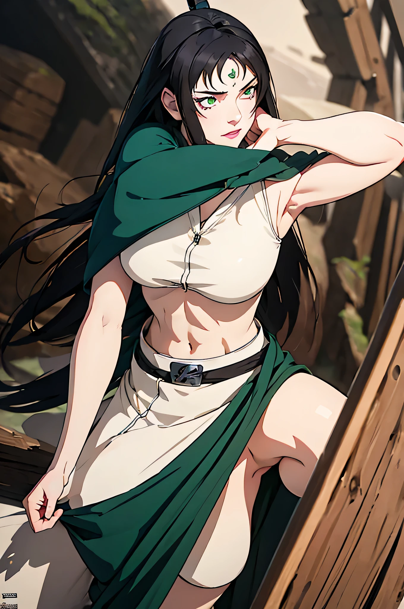 ((masterpiece, highest quality)), (solo focus), (perfect face:1.1), (high detail:1.1),dramatic, 1girl, (pale skin), Green eyes: 1.5, solo, long black hair, Hair over one eye), detailed background, Green clothes, earthbender, Mei from Naruto, (Abs:1.2), sfw,