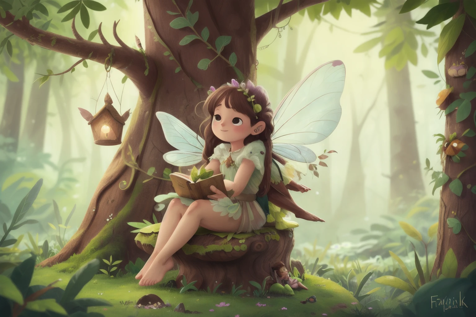 A fairy sitting on a magicak tree
