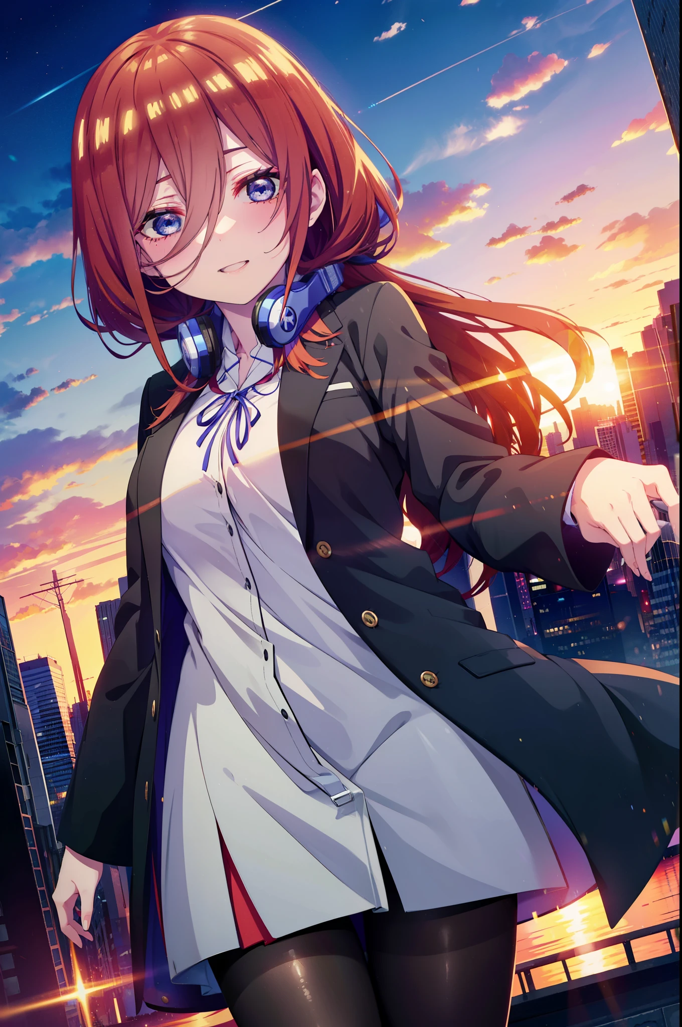 Miku Nakano, Miku Nakano, Long Hair, bangs, blue eyes, Brown Hair,,Blue Hairband ,Hair between the eyes, happy smile, smile, Open your mouth,Headphones around the neck,OL, Akagi Glasses, Black suit jacket, Collared jacket, White dress shirt, Collared shirt, Neckline, button, Black pencil skirt, Black Pantyhose,Stiletto heels,too,sunset,evening,too陽が沈んでいる, As if your whole body is in the illustration,Looking up from below,
break outdoors, city,Building district,
break looking at viewer, (Cowboy Shot:1. 5)
break (masterpiece:1.2), highest quality, High resolution, unity 8k wallpaper, (shape:0.8), (Beautiful details:1.6), Highly detailed face, Perfect lighting, Extremely detailed CG, (Perfect hands, Perfect Anatomy),