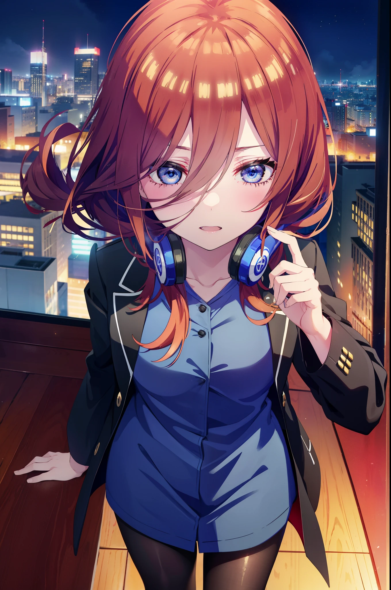 Miku Nakano, Miku Nakano, Long Hair, bangs, blue eyes, Brown Hair,,Blue Hairband ,Hair between the eyes, happy smile, smile, Open your mouth,Headphones around the neck,OL, Akagi Glasses, Black suit jacket, Collared jacket, White dress shirt, Collared shirt, Neckline, button, Black pencil skirt, Black Pantyhose,Stiletto heels,too,sunset,evening,too陽が沈んでいる, As if your whole body is in the illustration,Looking up from below,
break outdoors, city,Building district,
break looking at viewer, (Cowboy Shot:1. 5)
break (masterpiece:1.2), highest quality, High resolution, unity 8k wallpaper, (shape:0.8), (Beautiful details:1.6), Highly detailed face, Perfect lighting, Extremely detailed CG, (Perfect hands, Perfect Anatomy),