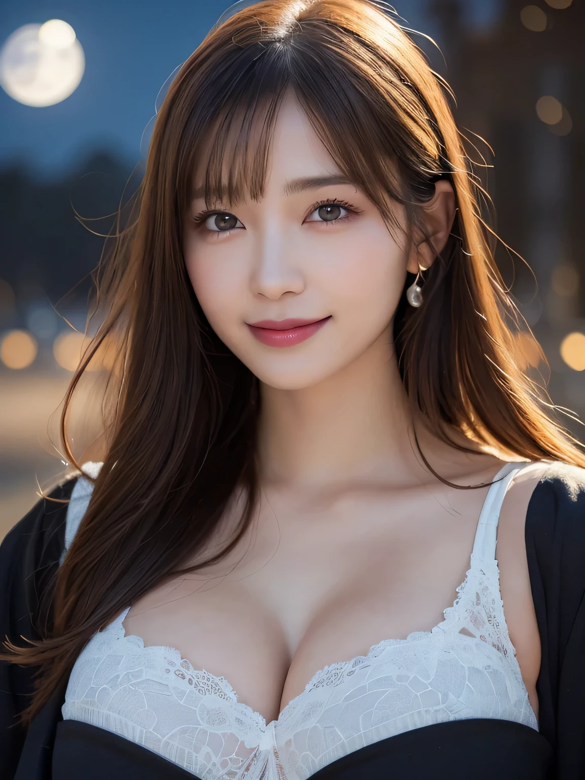 Kimono beauty, body portrait, 8k, thin and beautiful eyes, Dindal effect, masterpiece, top quality, high quality, high resolution, very detailed photo, (natural skin texture, fine skin, hyper realism, super sharpness) , high detail skin, (very fine, fine skin texture, intricate details, beautiful face, (real-like face), realistic eyes, beautifully detailed eyes, realistic skin, beautiful skin, surreal, Highly detailed, golden ratio, smiling eyes, ((night moonlight background)), body portrait, G cup, big breasts, huge breasts, big breasts, glamorous, shiny bodysuit