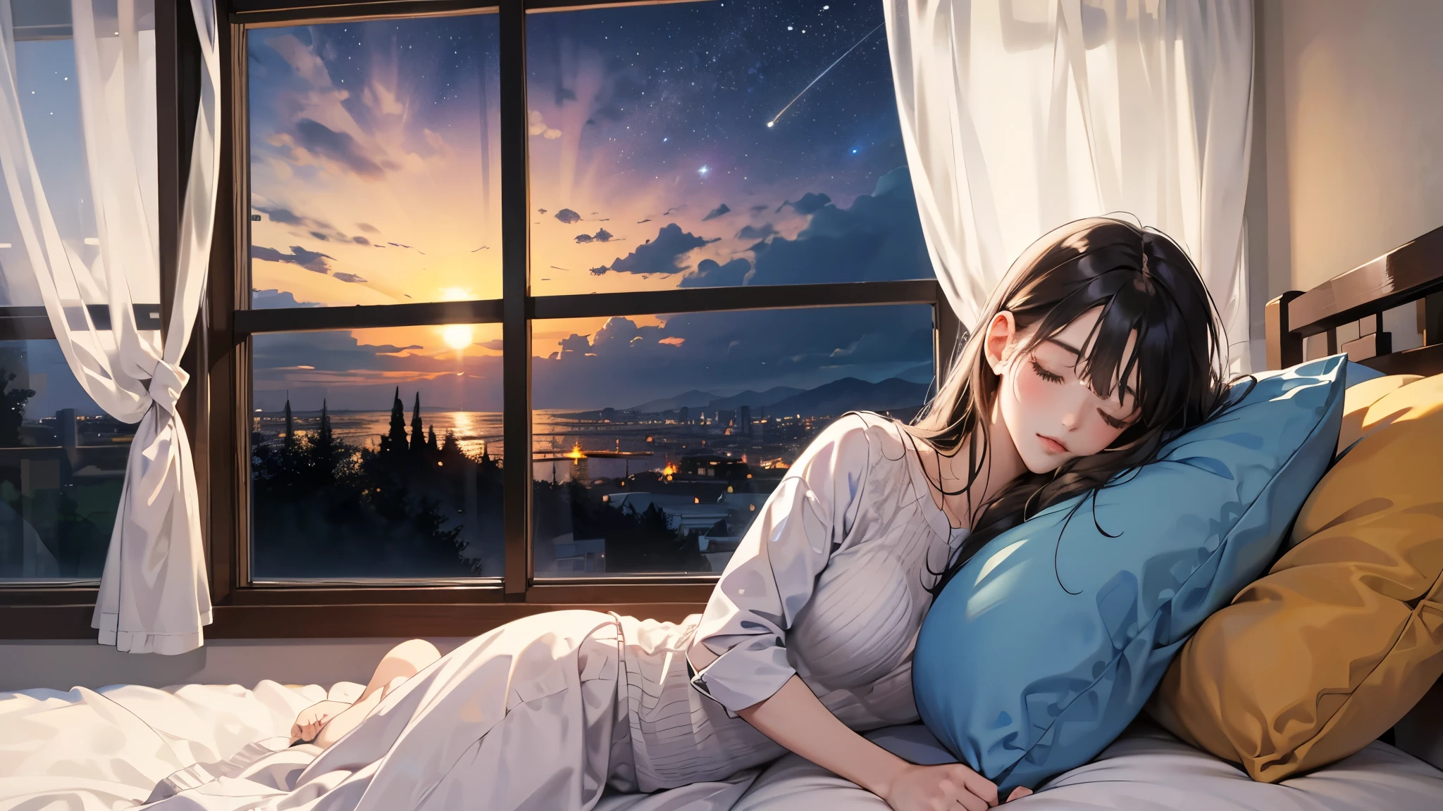 Beautiful woman sleeping on a pillow ,A window with a beautiful view, Night Sky, star,，Casual clothing