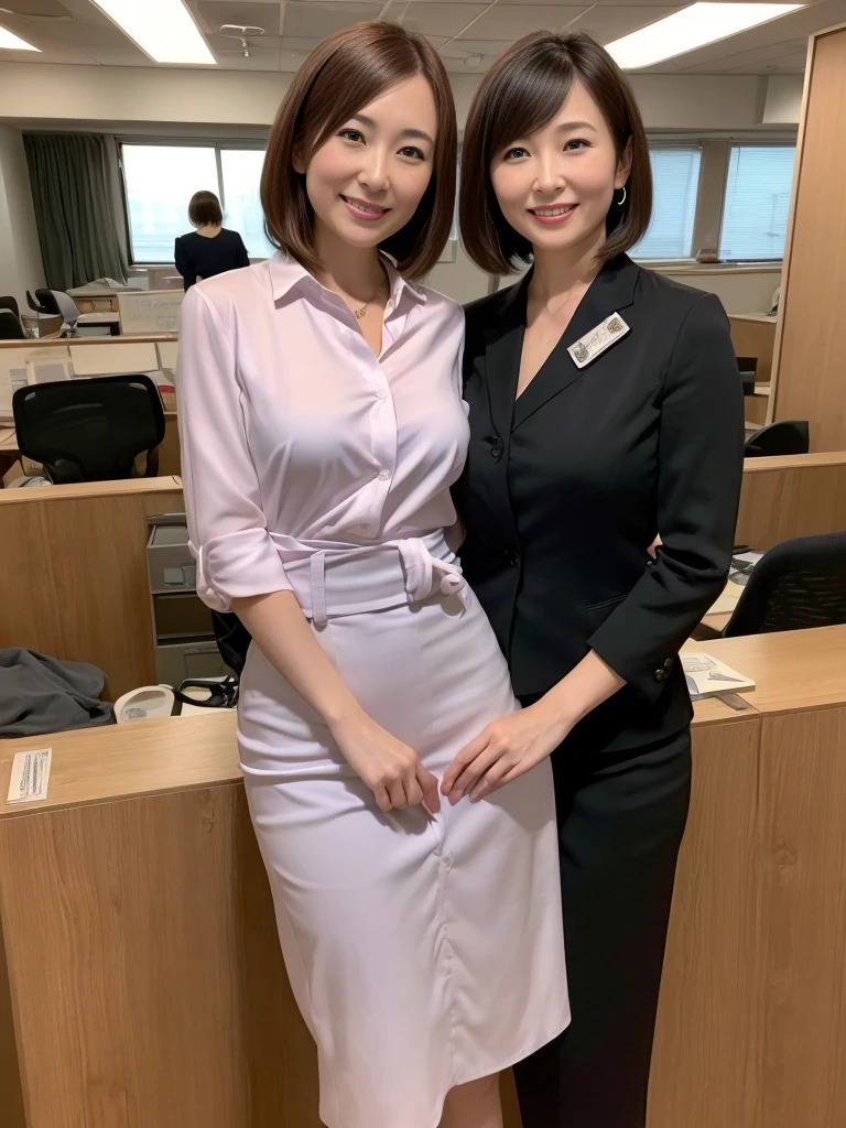 (highest quality:1.2),(8K:1.2),(masterpiece:1.2),(high resolution:1.2),(Photorealistic:1.2),(Mature women in their 40s),(Three Japanese women:1.2),The background is the office,(Huge breasts:1.1),Short Hair,Full Body Shot,(A business uniform that emphasizes the shape of the breasts:1.1),(Ecstatic expression:1.2),(Slender:1.2),(Beauty:1.2),(Narrow waist:1.1),Short skirt,Thin and beautiful legs,Tempting Pose