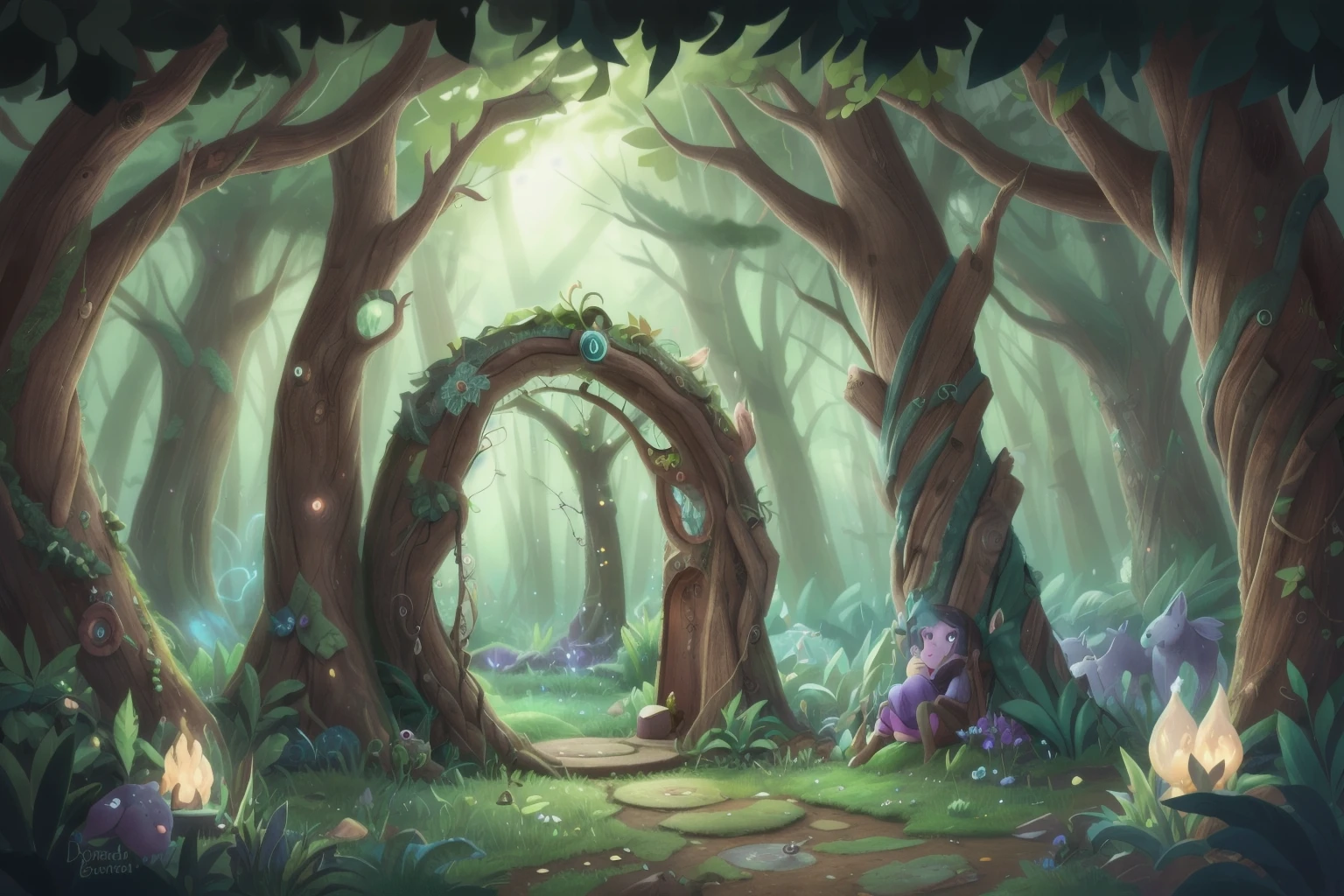 a forest with a magical portal that goes to a enchanted forest