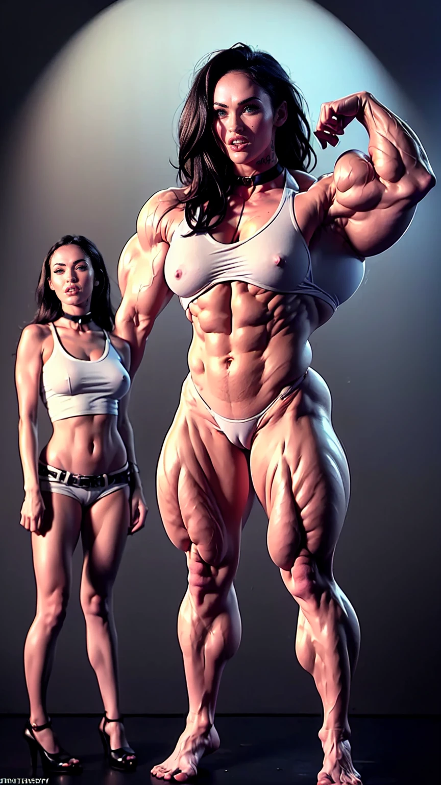 (1 girl), (megan fox:1.25), (a naked Bodybuilder woman with oiled muscular physique:1.25), (huge muscular arms:1.45), (ten pack abs:1.5), ((wide shoulders:1.25)), (full body view:1.25), ((large muscular veiny pecs:1.25)), choker, detailed eyes, (muscular body:1.25), (looking at viewer), (smile:1.25), (blank dark background:1.5), in the art style of peter mohrbacher, (beautiful girl face:1.25)