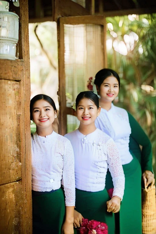 3 female teachers dressed in traditional Burmese school teacher uniforms are posing for a portrait. The image is of the highest quality, with a high-resolution, ultra-detailed, and realistic depiction of the teachers. The lighting in the studio is carefully set up to bring out the vivid colors of their attire and accessories. The portrait focuses on capturing the beautiful details of their eyes and lips, accentuating their natural beauty.
The teachers are dressed in traditional Burmese attire, consisting of elegant and authentic accessories. They are standing confidently with their natural and professional poses, showcasing the pride they have in their culture. The wooden background adds a touch of authenticity to the scene, while the subtle smiles on their faces reflect a relaxed and pleasant atmosphere.
Their well-groomed hair is adorned with colorful headscarves, which further enhance the overall aesthetic. The lighting is soft and brings out warm and inviting color tones, providing a traditional lighting effect that complements the scene. The teachers' focused attention creates an engaging and captivating atmosphere.
Overall, this portrait showcases three female teachers who are proud representatives of Burmese culture, highlighting the traditional attire, cultural elements, and the importance of education.
