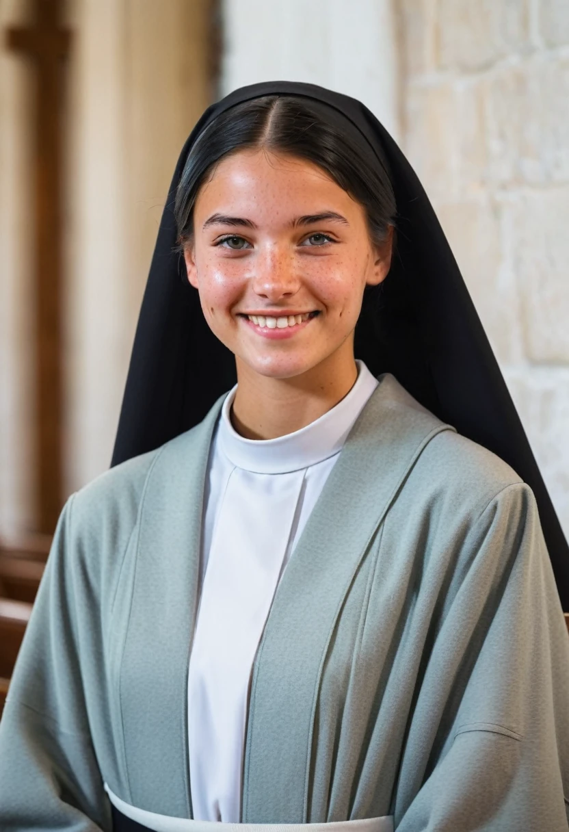 Close up of pastoral girl nun aged 17, slim body, polite costume, smiling peacefully in church background. She is tanned skin with freckles, black hair and green eyes, grey colored garments and robes