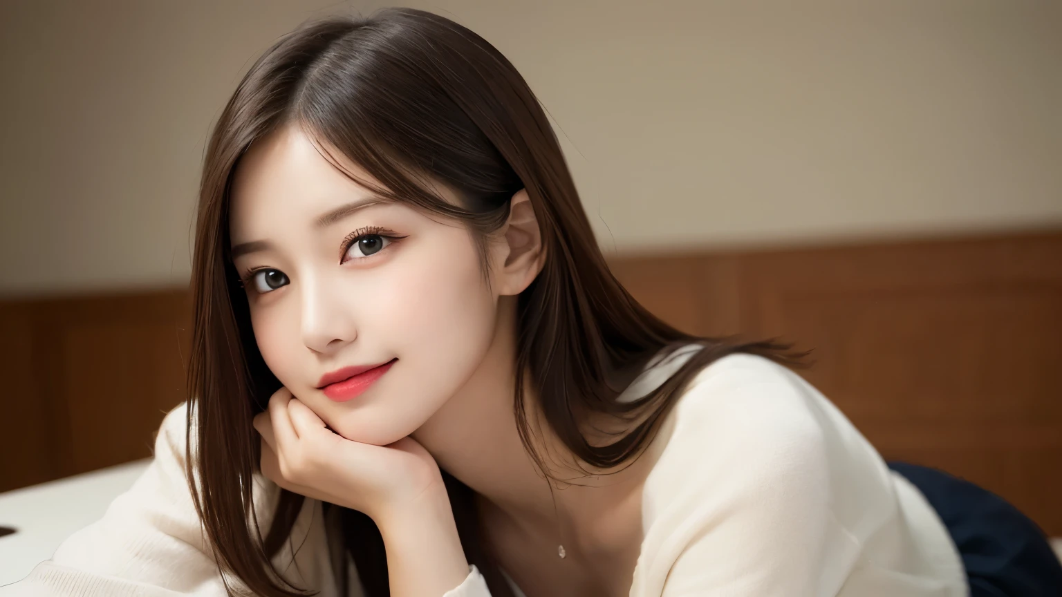 On the table, best quality, shape, Ultra Detailed, Finely, high resolution, 8k wallpaper, 完璧なダイナミックな構shape, Beautiful and delicate eyes, Medium Length Hair, Small Breasts, Natural lipstick, Casual sexy pose,Smile,20 year old girl、midnight、Beautiful and detailed face、Perfect beautiful face,big eyes、original photo、Expressing female posture using the whole body、Beautiful and delicate eyes、Small face、Beautiful duplex、Facelift and style,skirt、Beautiful golden ratio face,Long hair