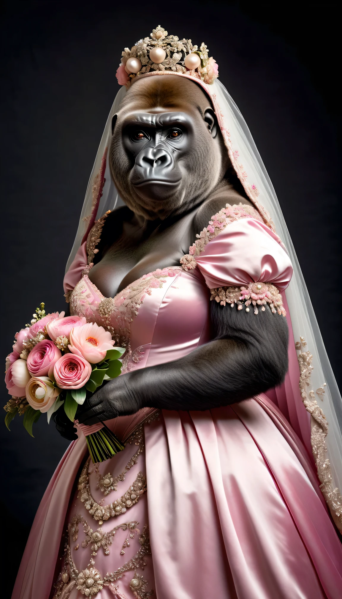 photorealistic portrait of Dressed animals - a ((fat)) gorilla bride,(elegant pose),(closed mouth),(furry), high quality,(lovely) ,intricate details, highly detailed ((pink wedding dress)),wearing opera globes ,wearing highly detailed veil, highly detailed decorations ,holding flower bouquet, (happy), studio lighting,(full body image:2.0)