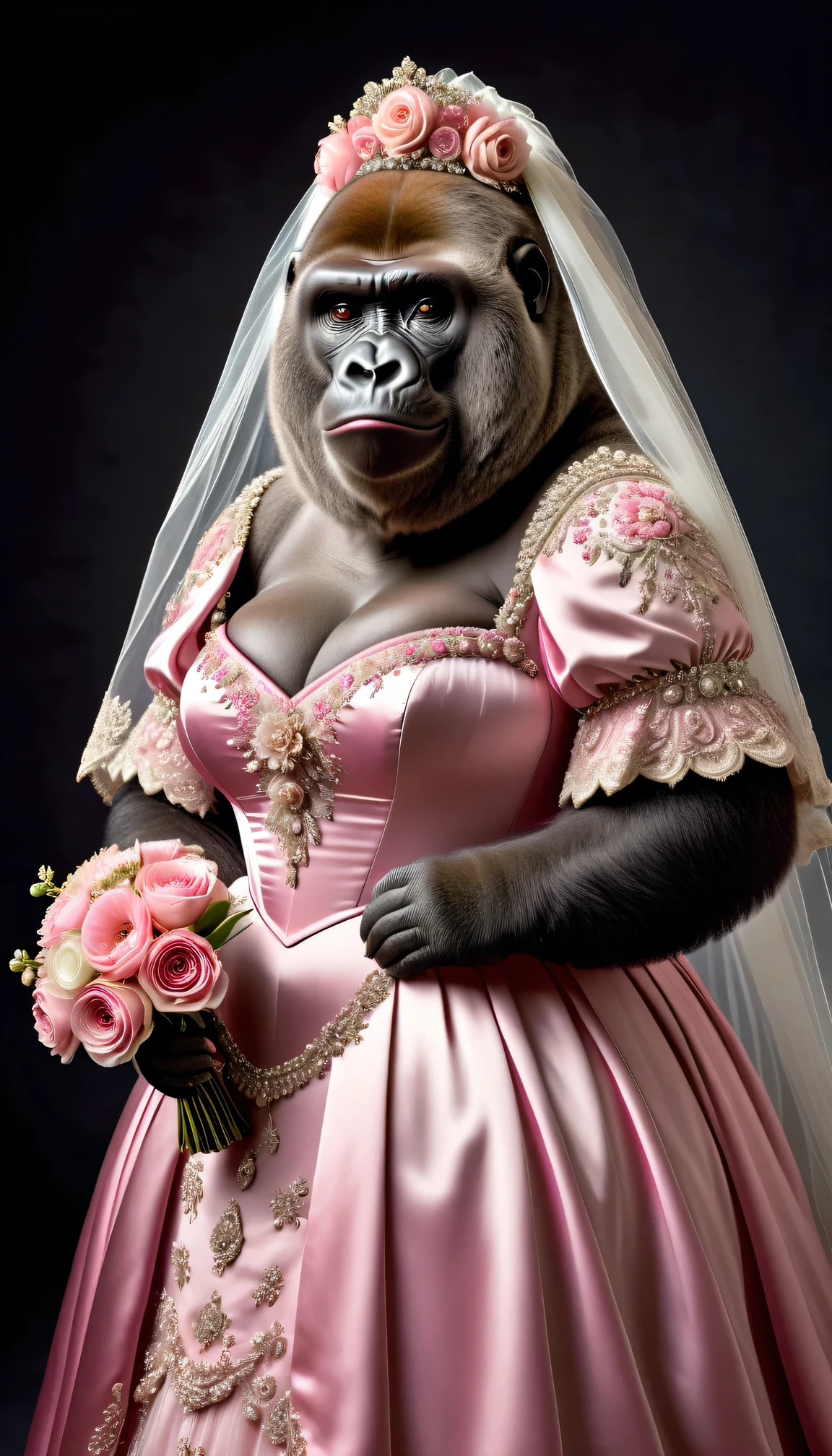 photorealistic portrait of Dressed animals - a ((fat)) gorilla bride,(elegant pose),(closed mouth),(furry), high quality,(lovely) ,intricate details, highly detailed ((pink wedding dress)),wearing opera globes ,wearing highly detailed veil, highly detailed decorations ,holding flower bouquet, (happy), studio lighting,(full body image:2.0)