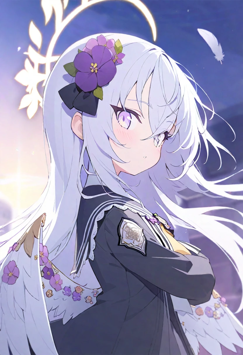 azusa \(blue archive\),AddXL,1girl black_bow black_dress blush bow dress falling_feathers feathers floral_print flower from_side hair_bow hair_flower hair_ornament halo hugging_object long_hair looking_at_viewer print_dress purple_eyes purple_flower see-through see-through_dress sidelocks sideways_glance solo straight_hair stuffed_toy upper_body white_hair white_wings wing_ornament wings