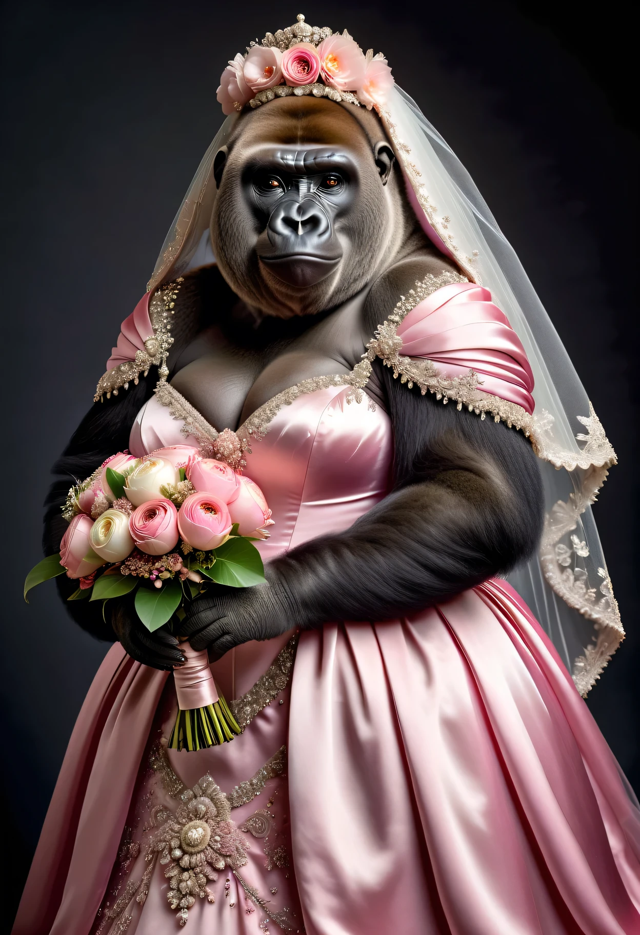 photorealistic portrait of Dressed animals - a ((fat)) gorilla bride,(elegant pose),(closed mouth),(furry), high quality,(lovely) ,intricate details, highly detailed ((pink wedding dress)),wearing opera globes ,wearing highly detailed veil, highly detailed decorations ,holding flower bouquet, (happy), studio lighting,(full body image:1.5)