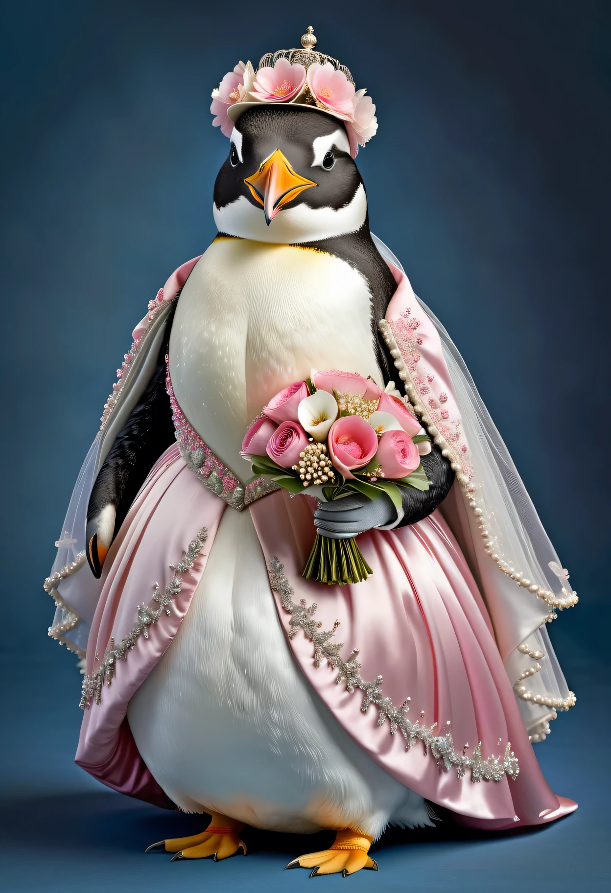 photorealistic portrait of Dressed animals - a ((fat)) rockhopper penguin bride,(elegant pose),(closed mouth),(furry), high quality,(lovely) ,intricate details, highly detailed ((pink wedding dress)),wearing opera globes ,wearing highly detailed veil, highly detailed decorations ,holding flower bouquet, (happy), studio lighting,(full body image:1.5)
