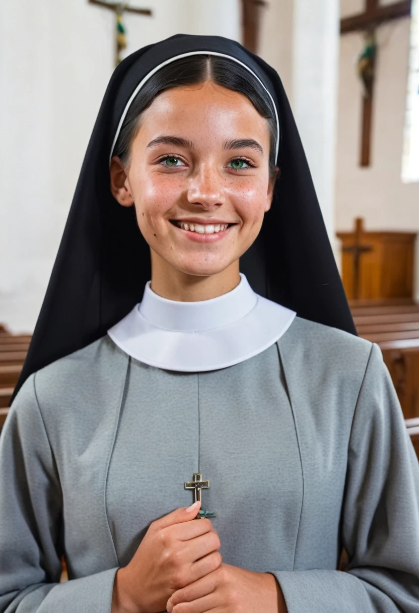 Close up of pastoral girl nun , slim body, polite costume, smiling peacefully in church background. She is tanned skin with freckles, black hair and green eyes, grey colored garments