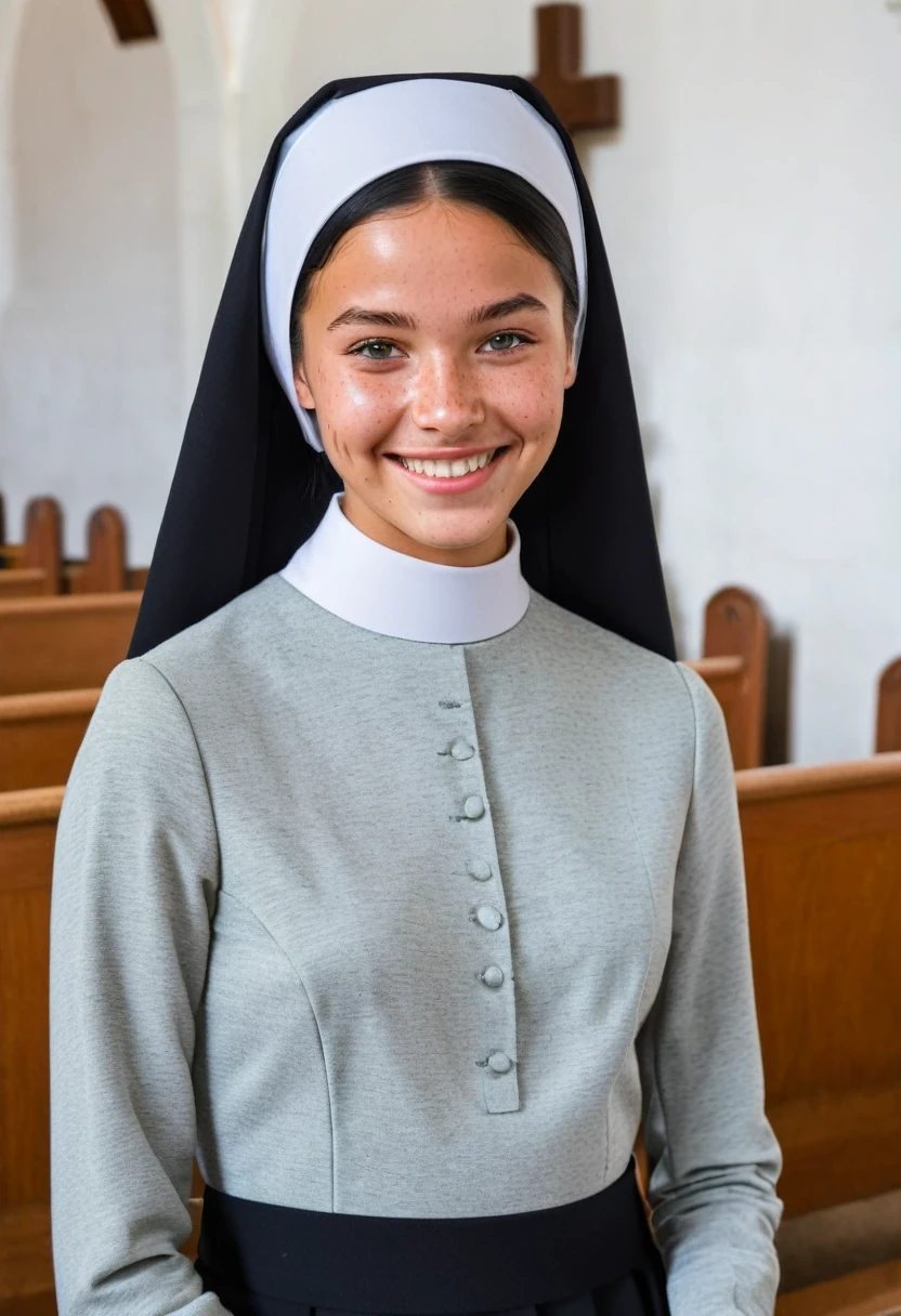 Close up of pastoral girl nun aged 17, slim body, polite costume, smiling peacefully in church background. She is tanned skin with freckles, black hair and green eyes, grey colored garments
