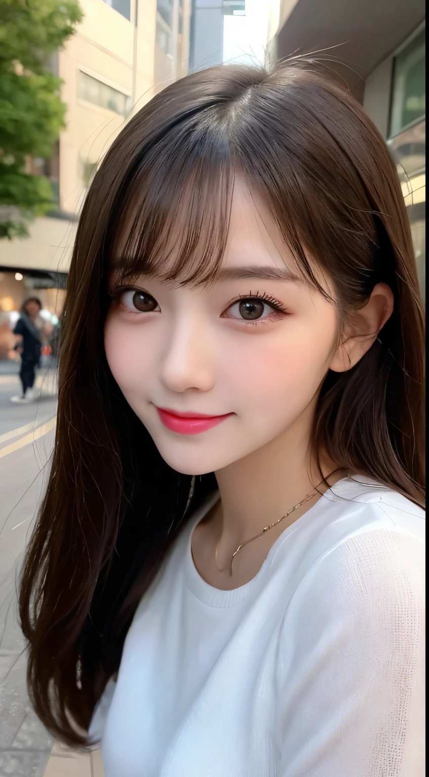 Tabletop, highest quality, shape, Very detailed, finely, High resolution, 8k wallpaper, 完璧なダイナミックな構shape, Beautiful and detailed,ランダムなcute髪,,Natural color lip, Bold sexy pose,smile、20-year-old girl、cute、Looking at the camera,Always blur the background,Perfect and beautiful face,Slim face and figure,Big eyes、Putting on gal makeup,Small face,Shooting from below、smile,Blurred Background,Elegant feminine face、Cyberpunk Fashion、smile