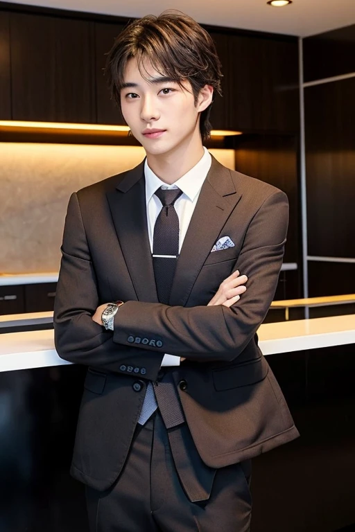((best quality)), ((masterpiece)), (detailed), Perfect face, 20-year-old fresh and handsome new employee、 (A super cool S-class man in a suit)、 20 year old Japanese boys、 Businessman、 Ultra-luxury suits、 Brown suit、 office、 Standing in a suitSYoung and handsome men、 Full body photo、 (CG Unity 8KのVery detailed写真)、 (Very detailedSHandsome man in class)、 (Photo realistic)、 ((highest quality))、 Ultra-detailed、 (masterpiece)、 Ultra HD、 expensive、 Audience、 A kind man、 Very beautiful hair、 short hair、 Bright photo、 Handsome like a model、 Handsome like an idol、 Luxury Watches、 Cool Belt、