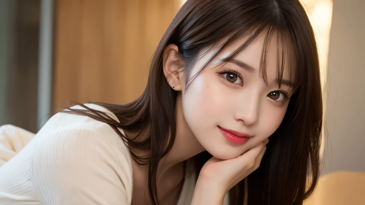on the table, best quality, shape, Super detailed, Finely, high resolution, 8k wallpaper, 完璧なダイナミックな構shape, Beautiful and delicate eyes, Medium Length Hair, Small Breasts, Natural lipstick, Casual sexy pose,Smile,20 year old girl、midnight、Beautiful and detailed face、Perfect beautiful face,big eyes、original photo、Use the whole body to express female posture、Beautiful and delicate eyes、Small face、Beautiful duplex、Facelift and style,skirt、Beautiful golden ratio face,Long hair
