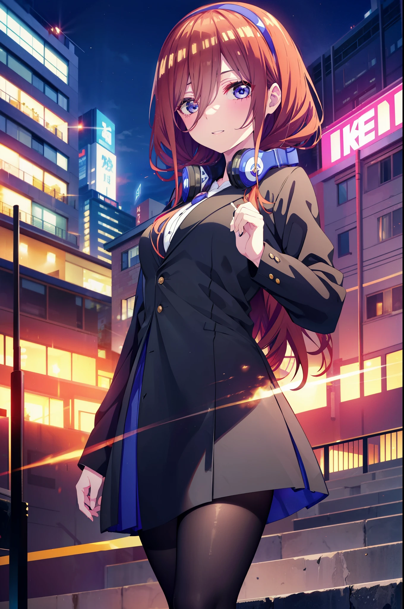 Miku Nakano, Miku Nakano, Long Hair, bangs, blue eyes, Brown Hair,,Blue Hairband ,Hair between the eyes, happy smile, smile, Open your mouth,Headphones around the neck,OL, Akagi Glasses, Black suit jacket, Collared jacket, White dress shirt, Collared shirt, Neckline, button, Black pencil skirt, Black Pantyhose,Stiletto heels,too,sunset,evening,too陽が沈んでいる, As if your whole body is in the illustration,Looking up from below,
break outdoors, city,Building district,
break looking at viewer,  (Cowboy Shot:1. 5)
break (masterpiece:1.2), highest quality, High resolution, unity 8k wallpaper, (shape:0.8), (Beautiful details:1.6), Highly detailed face, Perfect lighting, Extremely detailed CG, (Perfect hands, Perfect Anatomy),