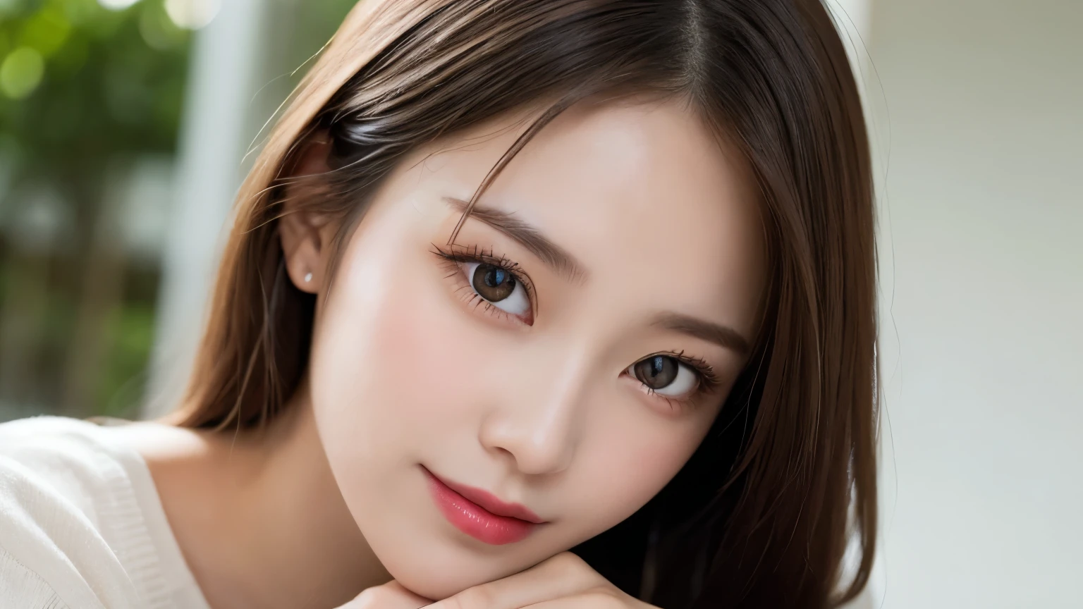 On the table, best quality, shape, Ultra Detailed, Finely, high resolution, 8k wallpaper, 完璧なダイナミックな構shape, Beautiful and delicate eyes, Medium Length Hair, Small Breasts, Natural lipstick, Casual sexy pose,Smile,20 year old girl、midnight、Beautiful and detailed face、Perfect beautiful face,big eyes、original photo、Expressing female posture using the whole body、Beautiful and delicate eyes、Small face、Beautiful duplex、Facelift and style,skirt、Beautiful golden ratio face,Long hair