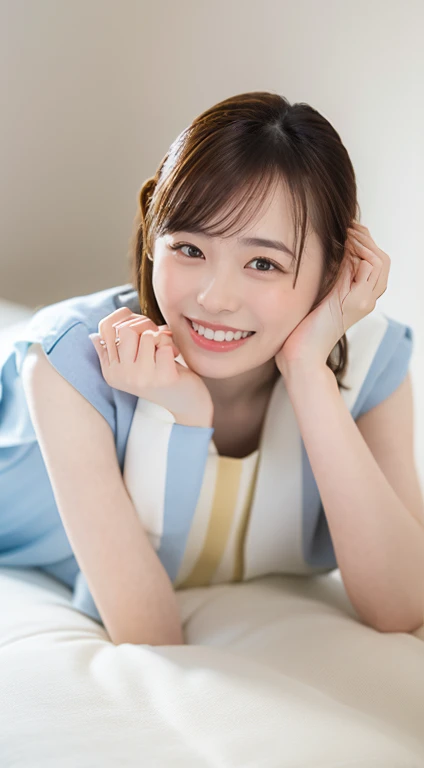 Beautiful, clear white skin、Full Body Shot、Beautifully detailed face、1 Japanese female、Adorable smile、On the bed、OL、White tight shirt、I can see your chest、Grey mini skirt、highest quality、Very delicate and beautiful 8K、Very high resolution、Beautiful detailed girl、Realistic、Portrait、On all fours