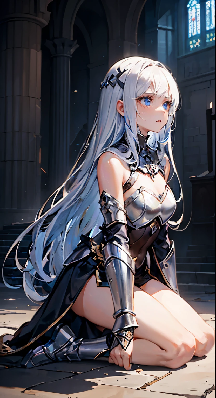 A girl, wearing a simple armor, shattered armor, armor is broken and missing parts, simple broken sword laying in the floor, she is kneeling on the floor, she is ultra sad, many tears, ultra long hair, Long eyelashes, ultra detailed face, glowing lips, glowing eyes, church,