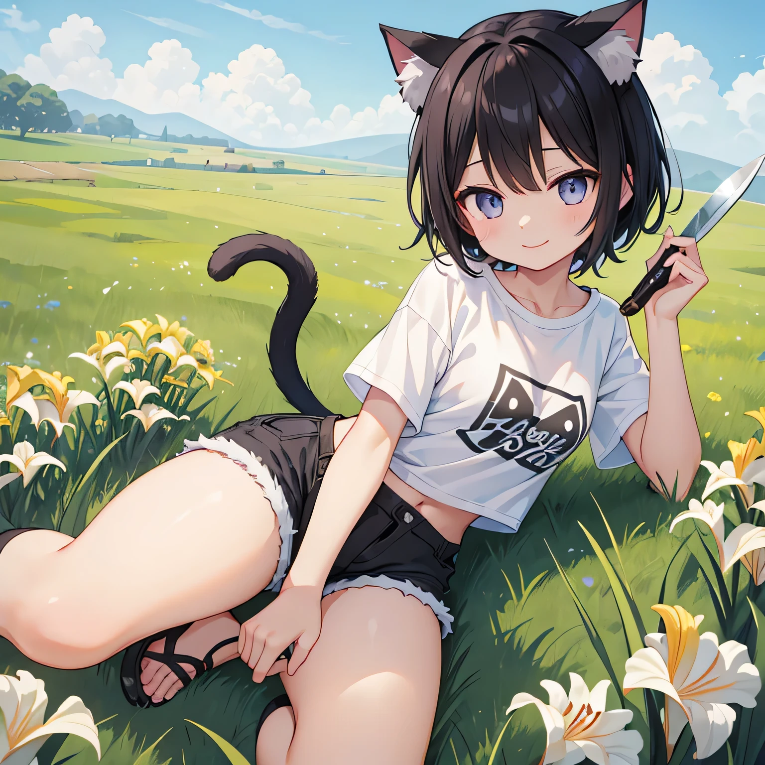 highest quality、、Small breasts、Cat ear、Short black hair、Iris、Cropped T-shirt、Shorts、smile、Holding a knife in his right hand、grassland