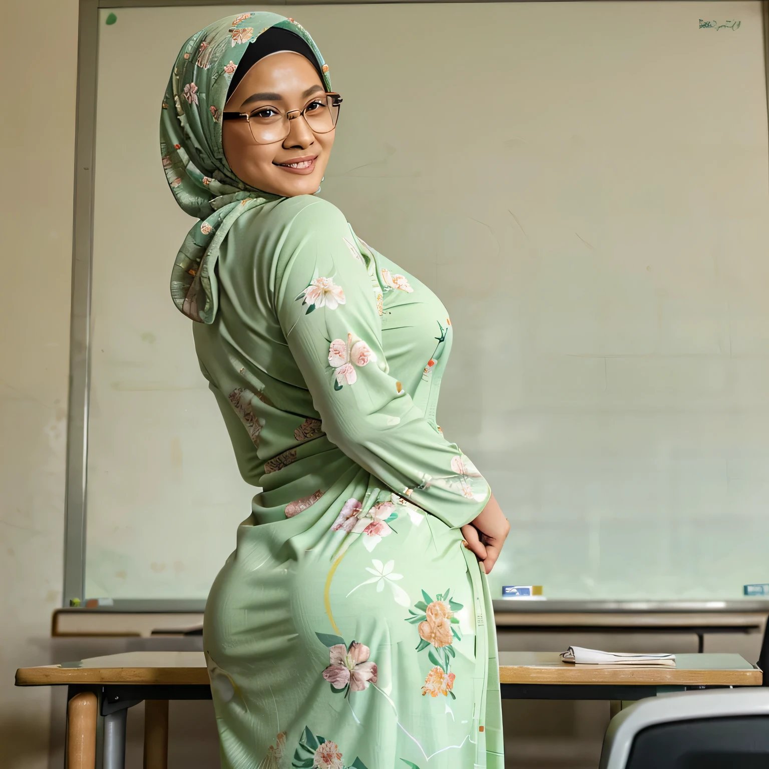 photography of a 20yo woman, perfect face, masterpiece, teaching at class, (wear a light green suit without shirt but she still athached her suit buttons and not open her suit), light green hijab, sitting on the teacher table, her angle to the viewer, (closed suit), long skirt, athached suit buttons