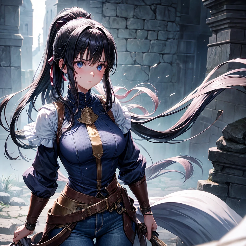 An anime girl, clad in jeans and a cotton blouse, exudes an aura of defiant toughness as she leans against the rough-hewn stone wall of an old castle, a knight's helmet in her hands. Her expression is unreadable, her eyes intense and sharp, the edges of her bangs covering her forehead as she gazes out into the darkness of the night. Her ponytail, tied back with a simple ribbon, is the only hint of her femininity in this scene of nocturnal intensity. With a slash across her chest, the emblem of a knight's order glimmers faintly, a testament to her mental fortitude and un