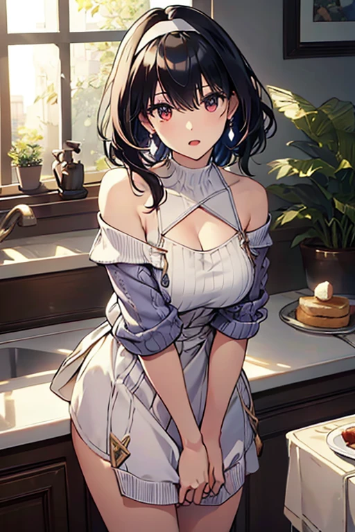 masterpiece, yor, 1girl, Amazing Cleavage:1.3, thin waist, big ass, Raised sexy, medium breast: 1.8 posed cleavage:1.2、solo, looking at viewer, open mouth, have a cup of coffee,black hair, red eyes, dress, bare shoulders, jewelry, collarbone, sidelocks, hairband, earrings, indoors, off shoulder, :o, sweater, arms behind back, plant, short hair with long locks, white hairband, off-shoulder dress, sweater dress, off-shoulder sweater, red sweater, big side hair, very long side hair,is rendered in (masterpiece: 1.2, best quality), with (ultra high resolution) and an exquisite (depth of field). This masterpiece is not only visually stunning but also tells, make of cake cooking ,in the kitchen