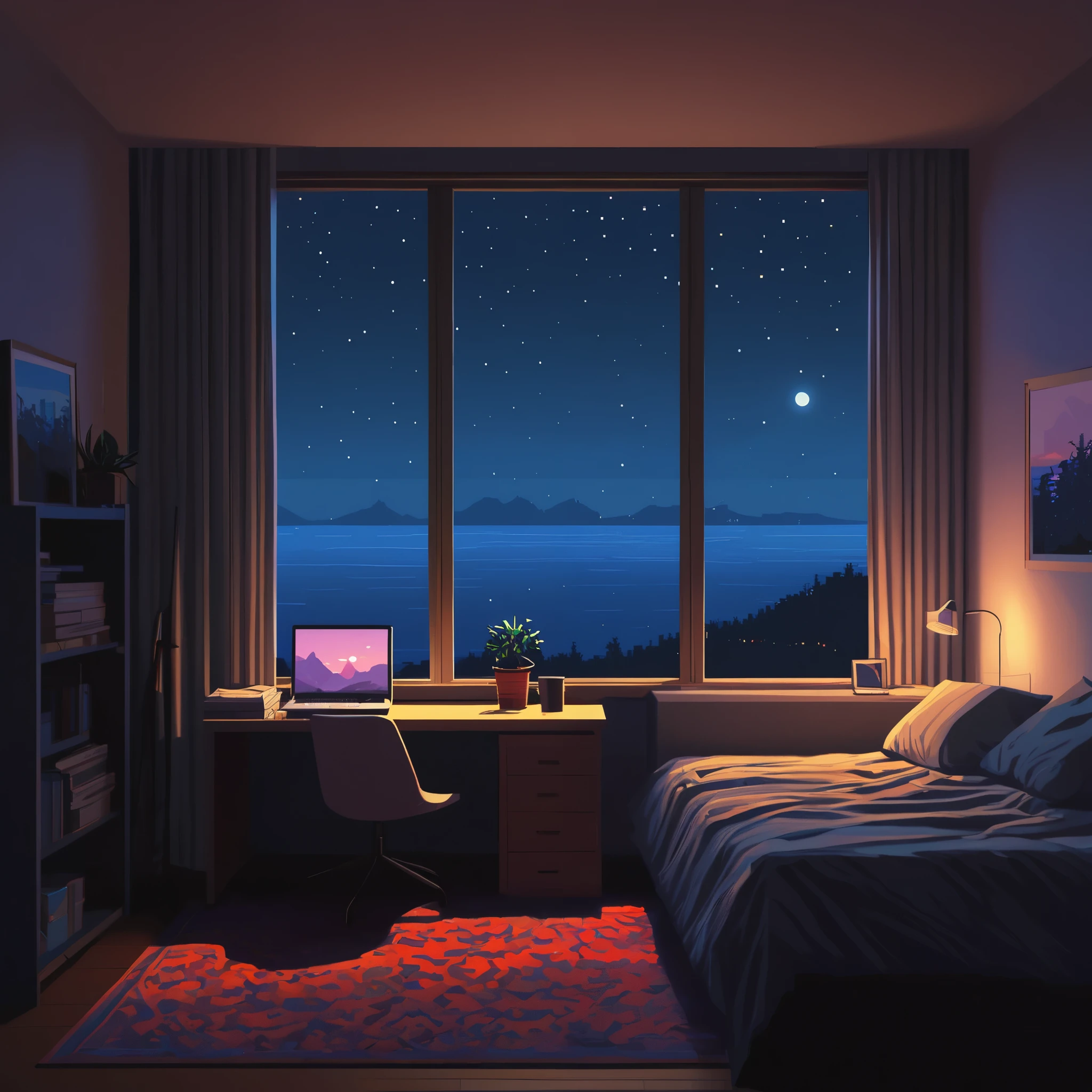 evening,There is a room with a desk, bed, And windows, Pixel art by Alena Aenami, Trending on Artstation, Pixel art, Personal room background, # Pixel art, #Pixel art, cozy wallpaper, interior Background Art, Background Art, RPG Maker-style bedroom, Relaxing concept art, anime Background Art, beautiful and detailed scenes, style of alena aenami