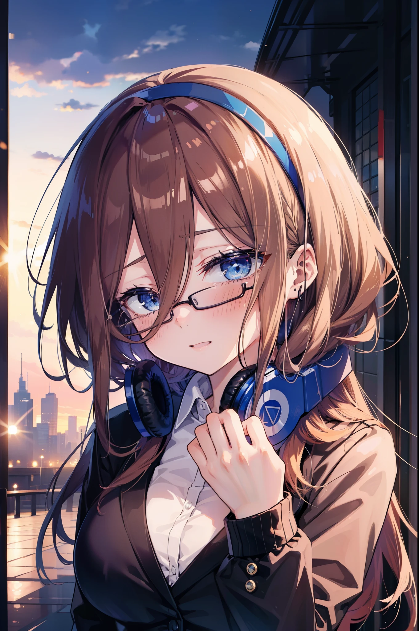 Miku Nakano, Miku Nakano, Long Hair, bangs, blue eyes, Brown Hair,,Blue Hairband ,Hair between the eyes, happy smile, smile, Open your mouth,Headphones around the neck,OL, Akagi glasses, Black suit jacket, Collared jacket, White dress shirt, Collared shirt, Neckline, button, Black pencil skirt, Black pantyhose,Stiletto heels,whole bodyがイラストに入るように,sunset,evening,The sun is setting, 
break outdoors, city,Building district,
break looking at viewer, whole body, (Cowboy Shot:1. 5)
break (masterpiece:1.2), highest quality, High resolution, unity 8k wallpaper, (shape:0.8), (Beautiful details:1.6), Highly detailed face, Perfect lighting, Extremely detailed CG, (Perfect hands, Perfect Anatomy),