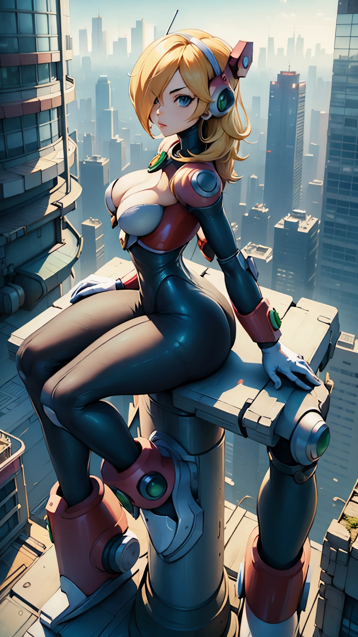 alia_megamanx sitting on the edge of the top of a building in Tokyo - cyberpunk city in the background