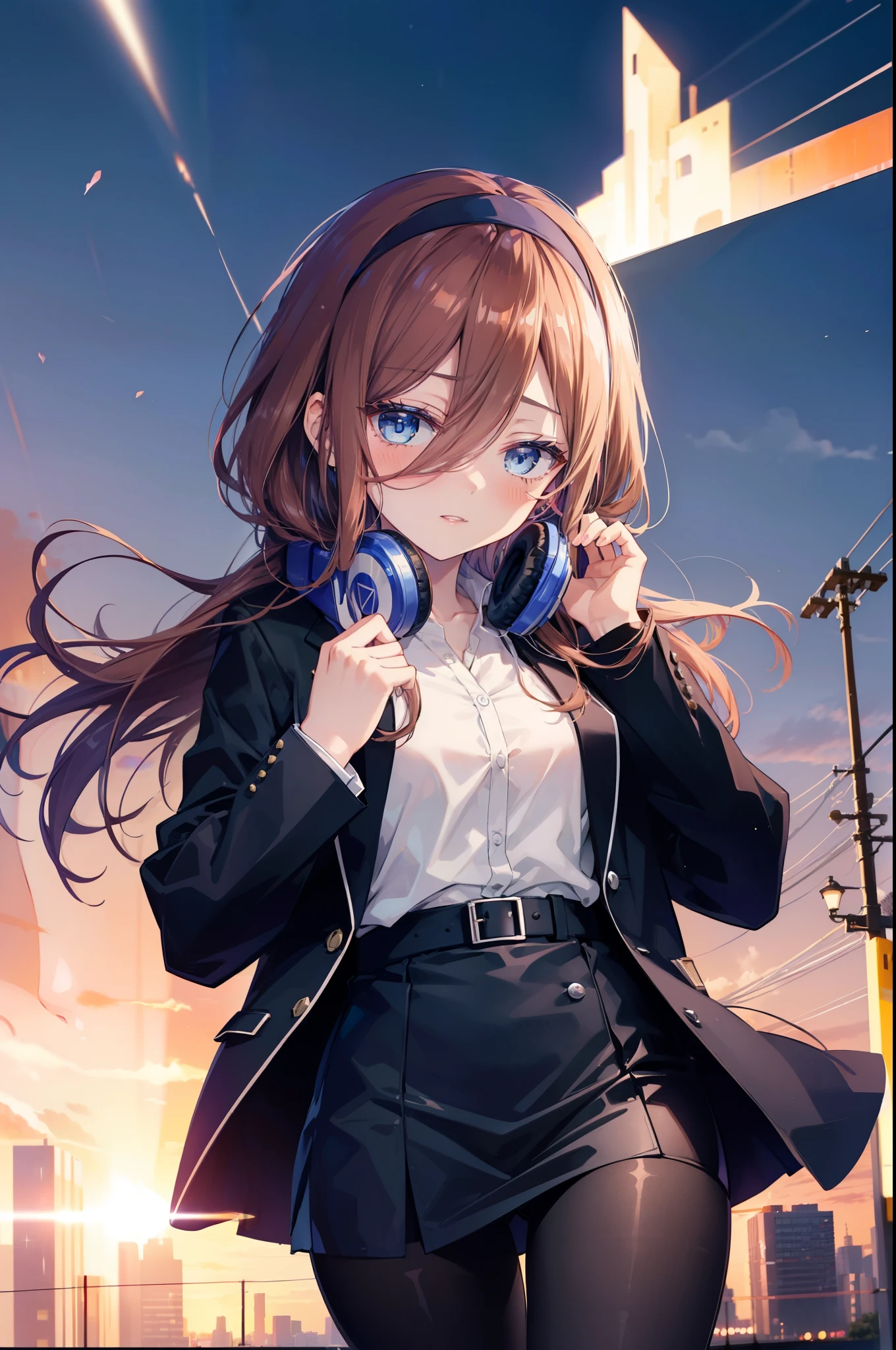 Miku Nakano, Miku Nakano, Long Hair, bangs, blue eyes, Brown Hair,,Blue Hairband ,Hair between the eyes, happy smile, smile, Open your mouth,Headphones around the neck,OL, Akagi glasses, Black suit jacket, Collared jacket, White dress shirt, Collared shirt, Neckline, button, Black pencil skirt, Black pantyhose,Stiletto heels,whole bodyがイラストに入るように,sunset,evening,The sun is setting,
break outdoors, city,Building district,
break looking at viewer, whole body, (Cowboy Shot:1. 5)
break (masterpiece:1.2), highest quality, High resolution, unity 8k wallpaper, (shape:0.8), (Beautiful details:1.6), Highly detailed face, Perfect lighting, Extremely detailed CG, (Perfect hands, Perfect Anatomy),