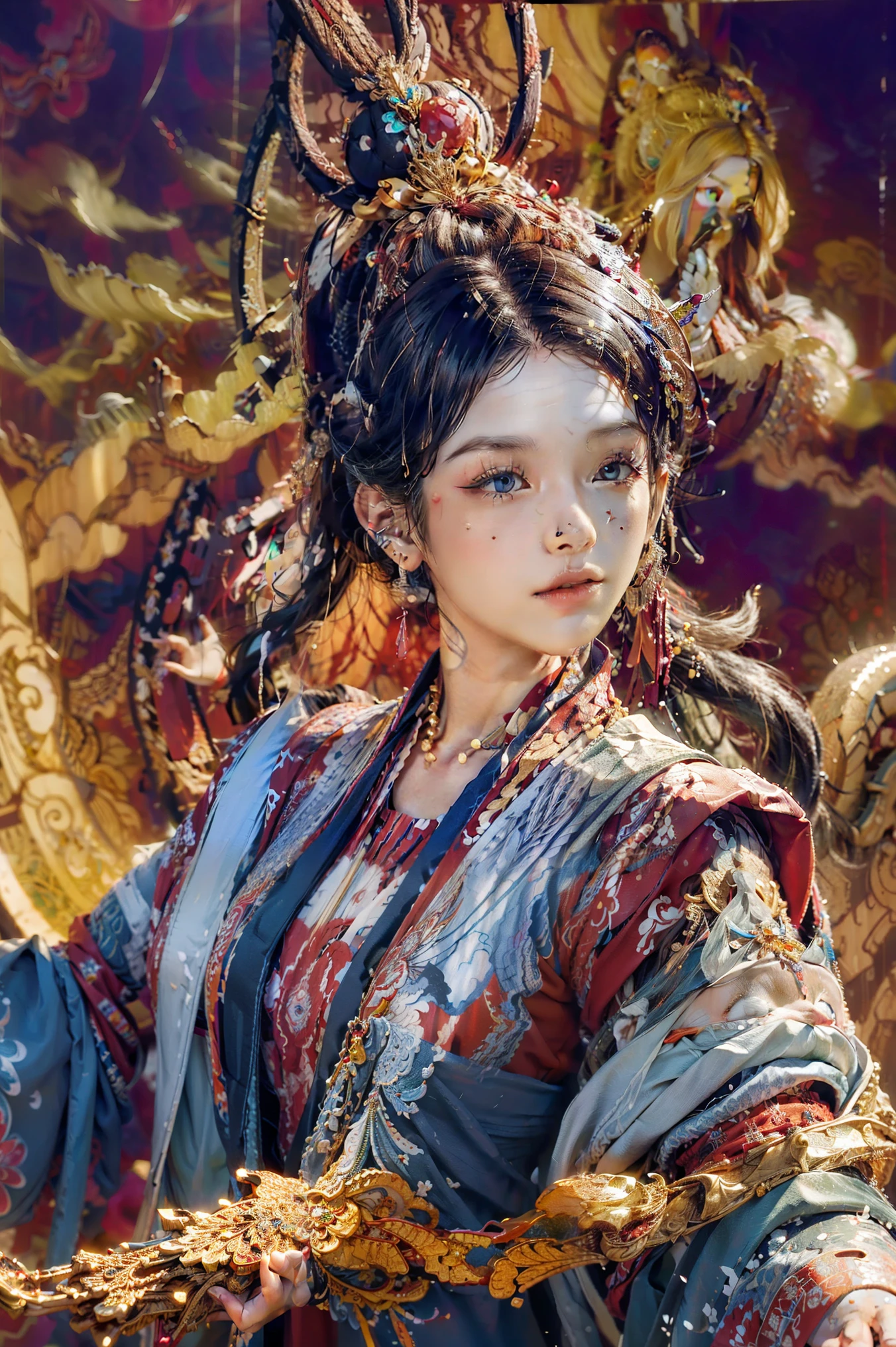 (((White clouds background))), (((High Saturation))), ((Colorful surround)))) Super detailed, Beautiful and beautiful, masterpiece, best quality, (Zentangle, Mandala, Tangled, twist), (Fractal Art: 1.3), 1 Girl, Very detailed, Dynamic Angle, Cowboy shooting, Chaos in its most beautiful form, elegant, brutalist design, Vibrant colors, , Michael Mraz, Adrian Gurney, Petra Courtright, atmosphere, Ecstatic notes, Mobile notes are visible