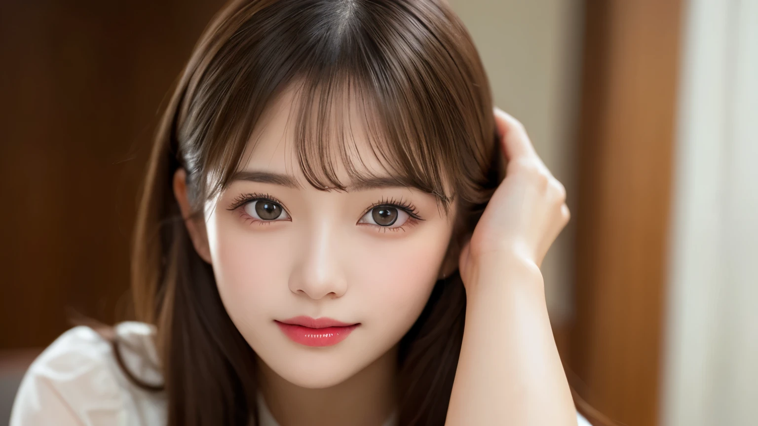 On the table, best quality, shape, Ultra Detailed, Finely, high resolution, 8k wallpaper, 完璧なダイナミックな構shape, Beautiful and delicate eyes, Medium Length Hair, Small Breasts, Natural lipstick, Casual sexy pose,Smile,20 year old girl、midnight、Beautiful and detailed face、Perfect beautiful face,big eyes、original photo、Expressing female posture using the whole body、Beautiful and delicate eyes、Small face、Beautiful duplex、Facelift and style,skirt、Beautiful golden ratio face,Long hair
