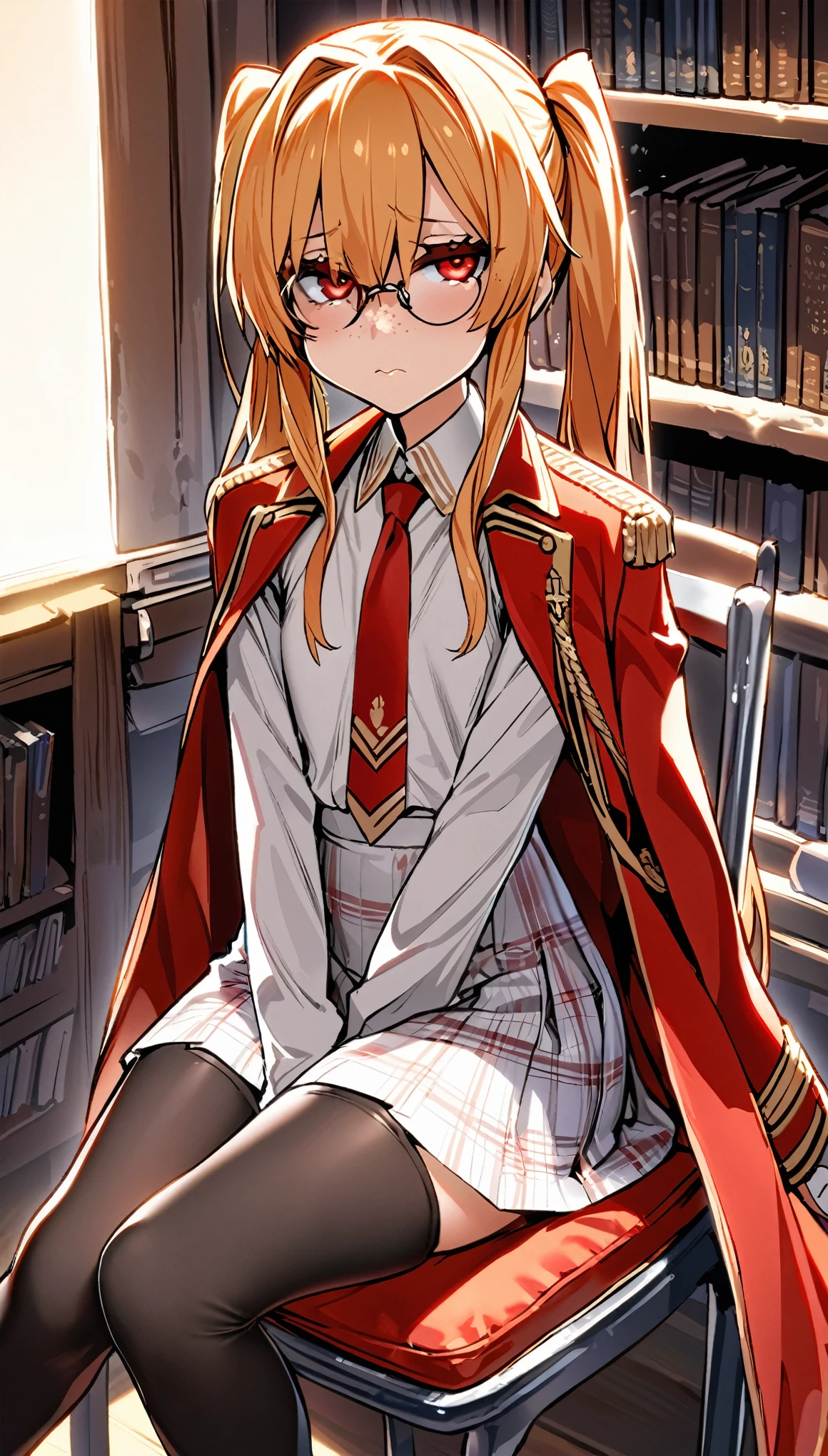 monarch \(azur lane\), \(azur lane\), 1girl, blond twintail hair, red eyes, freckles, masterpiece, best quality, highres, looking at viewer, sad, shy, bags_under_eyes, round_eyewear, glasses, flat chest, white shirt, collared shirt, red necktie, red_military_jacket, jacket_on_shoulders, white skirt, plaid skirt, black thighhighs, skinny, sitting at a chair, library, backlighting