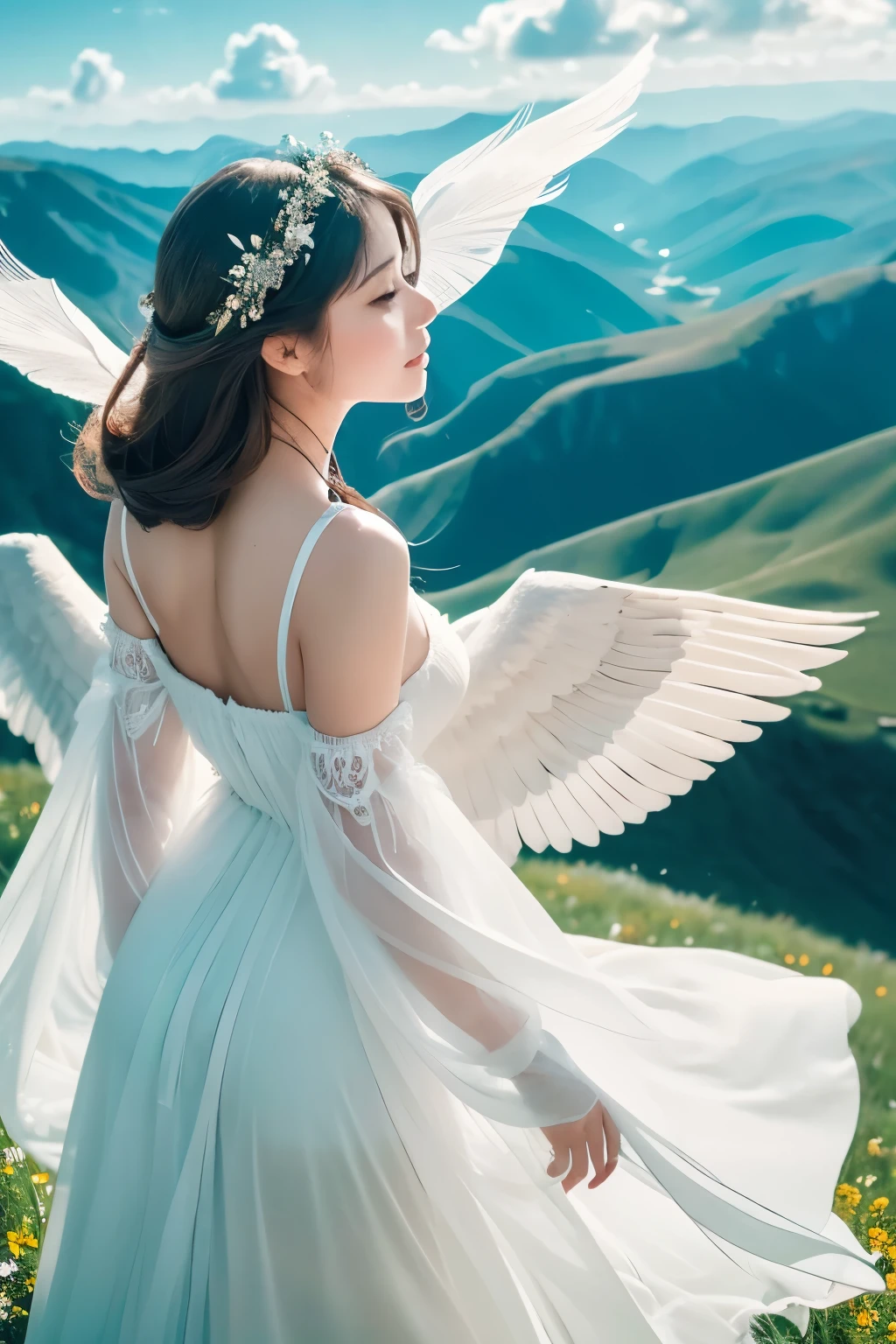 In the heart of a serene and realistic angelic white background, a magnificent and ethereal angel gracefully stands with her wings outstretched, touching the soft clouds above. The landscape view unfolds beneath her, showcasing rolling hills, crystal-clear lakes, and vibrant wildflowers. Her sparkling eyes, as radiant as the heavens themselves, gaze down at the earth below with a benevolent and peaceful expression. Her white wings, intricately detailed and adorned with delicate feathers that shimmer in the sunlight, create a breathtaking contrast against the rich earth tones of the landscape. Every feather, every curve, and every imperceptible detail is captured in exquis