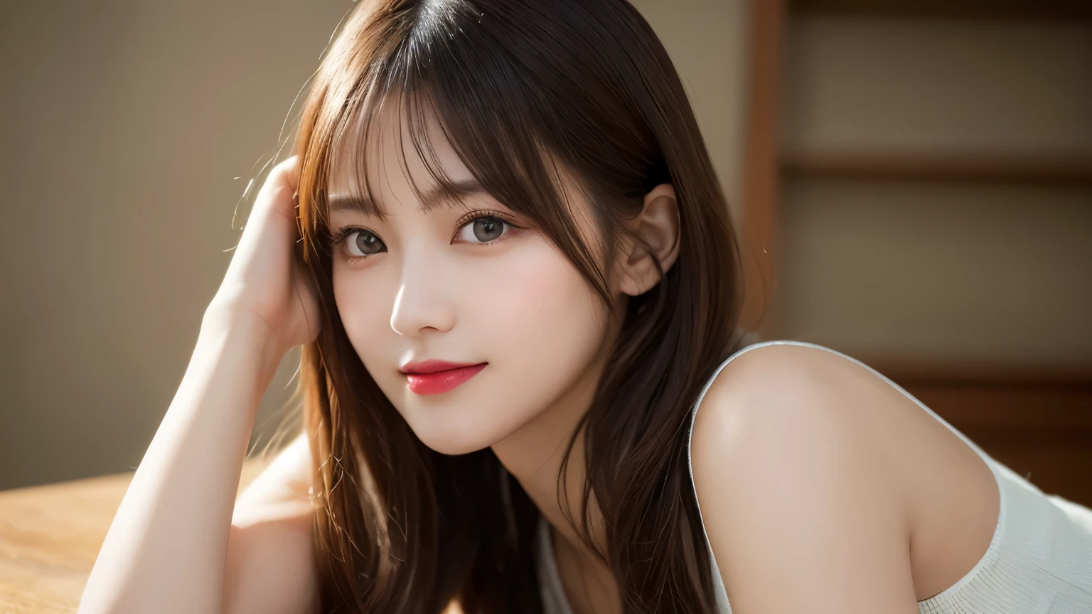 on the table, best quality, shape, Super detailed, Finely, high resolution, 8k wallpaper, 完璧なダイナミックな構shape, Beautiful and delicate eyes, Medium Length Hair, Small Breasts, Natural lipstick, Casual sexy pose,Smile,20 year old girl、midnight、Beautiful and detailed face、Perfect beautiful face,big eyes、original photo、Use the whole body to express female posture、Beautiful and delicate eyes、Small face、Beautiful duplex、Facelift and style,skirt、Beautiful golden ratio face,Long hair