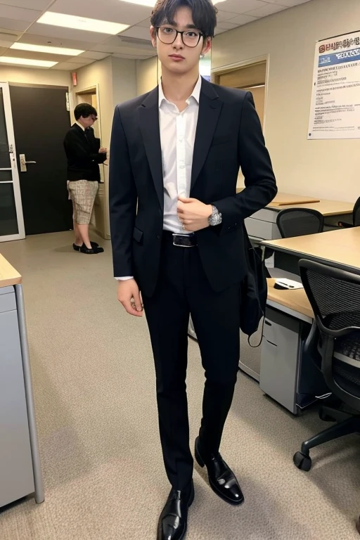 ((best quality)), ((masterpiece)), (detailed), perfect face Dark brown suit、 A fresh and handsome 20-year-old new employee、 (A super cool S-class man in a suit)、 Glasses、 20 year old Japanese boy、 White shirt、 office、 Standing in a suitSYoung and handsome men、 Full body photo、 (CG Unity 8KのVery detailed写真)、 (Very detailedSHandsome man in class)、 (Photo realistic)、 ((highest quality))、 Ultra-detailed、 (masterpiece)、 Ultra HD、 expensive、 Audience、 A kind man、 Very beautiful hair、 short hair、 Bright photo、 Handsome like a model、 Handsome like an idol、 Luxury Watches、 Cool Belt