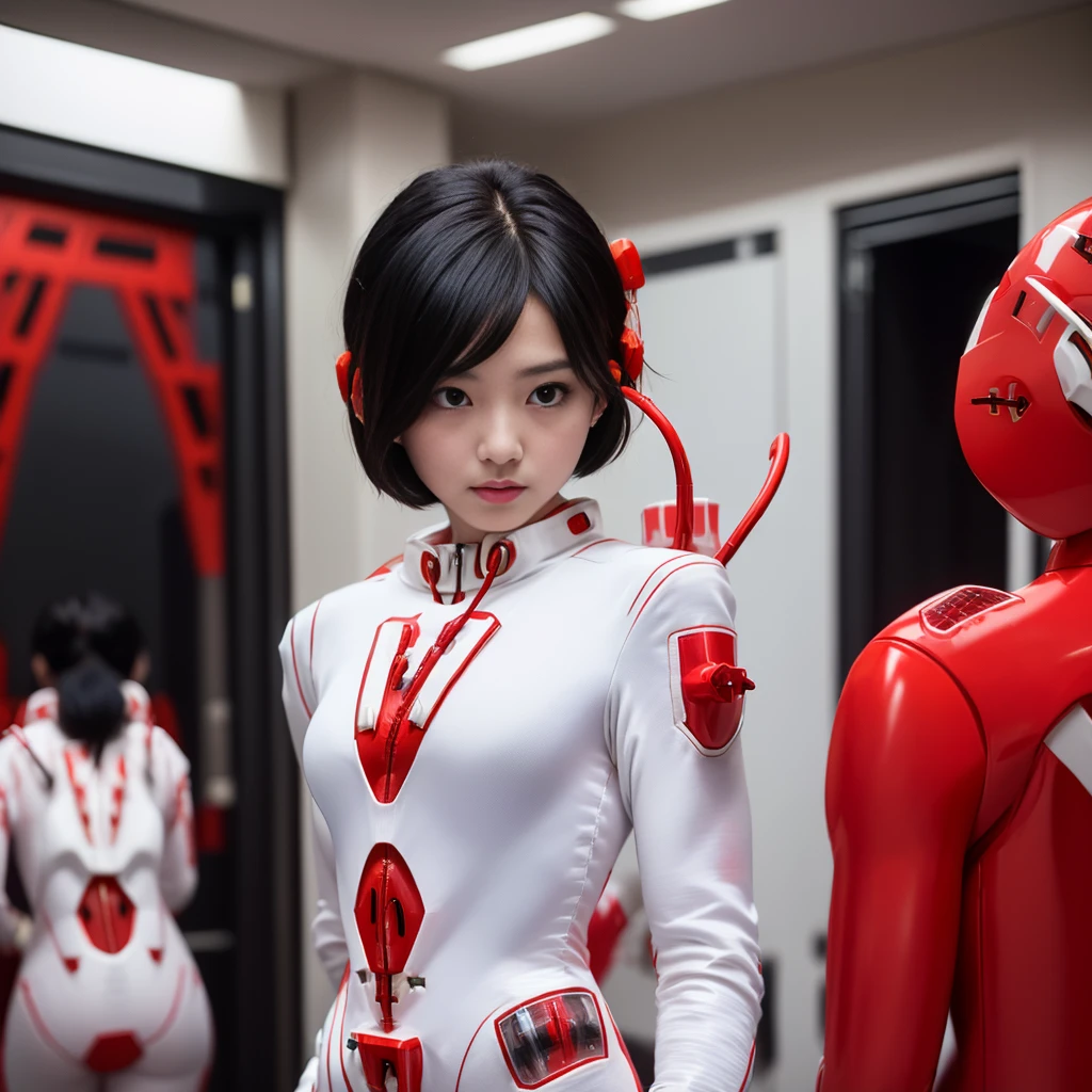 （8K、Raw photography、highest quality、masterpiece：1.2),(black haired、very short hair:1.8),(twin tails:1.2)、show viewer,Looking at the front,erotic,White skin,(wearing a red plug suit:1.9)、()、(Clothing that emphasizes the shape of your chest、publish one&#39;skin:1.5)、(big breasts :1.4)、slim body shape、ultra high resolution,beautiful,beautiful fece,(one person、no background:1.9),whole bodyボディー,japanese woman,（Photoreal：1.37）、photon mapping,reality、(Baby-faced and cute: 1.0)、(cute smile: 1.7)、(With a round face: 1.7)、radio city、Physically based rendering、depth of field rally background、photograph, (I can see your knees、High leg、close up of thighs:1.8),（:1.4）,whole body、super fine