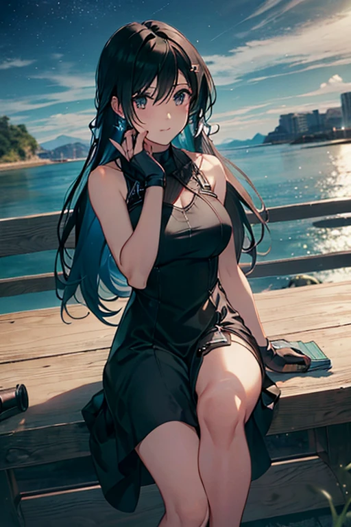 tifa Lockhart, estilo mksks, (fundo muito detalhado:1.0), (fundo altamente detalhado:1.0), Final Fantasy VII Remake, (olhos vermelhos), 1 garota, Ombros nus, vestido aqua, Cabelo preto, vestido verde, sem mangas dress , summer dress, casa, Cabelo longo, noite, noite sky, boca aberta, ao ar livre, rabo de cavalo, sentado, sky, sem mangas, sem mangas dress, estrela (sky), estrelary sky, cidade, envelheceu, seios pequenos, ((babados brancos)), (vestido branco),