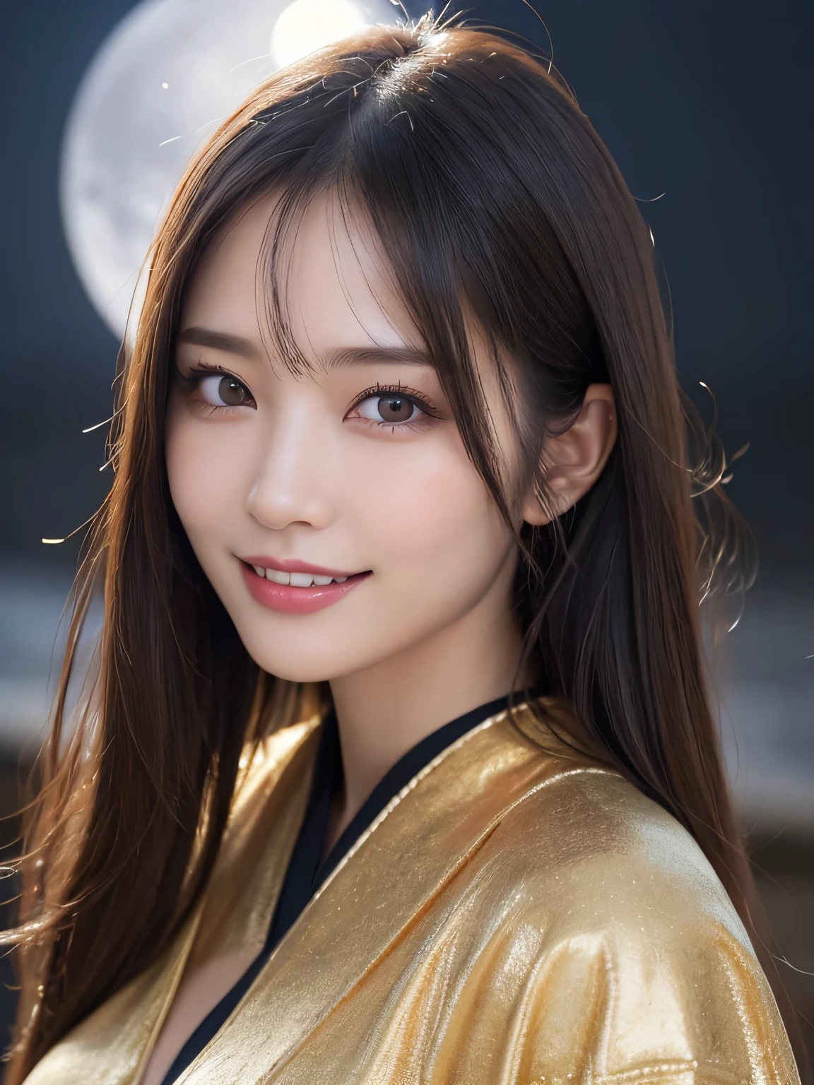 Kimono beauty, body portrait, 8k, thin and beautiful eyes, Dindal effect, masterpiece, top quality, high quality, high resolution, very detailed photo, (natural skin texture, fine skin, hyper realism, super sharpness) , high detail skin, (very fine, fine skin texture, intricate details, beautiful face, (real-like face), realistic eyes, beautifully detailed eyes, realistic skin, beautiful skin, surreal, Highly detailed, golden ratio, smiling eyes, ((night moonlight background)), body portrait, G cup, big breasts, huge breasts, big breasts, glamorous, shiny bodysuit