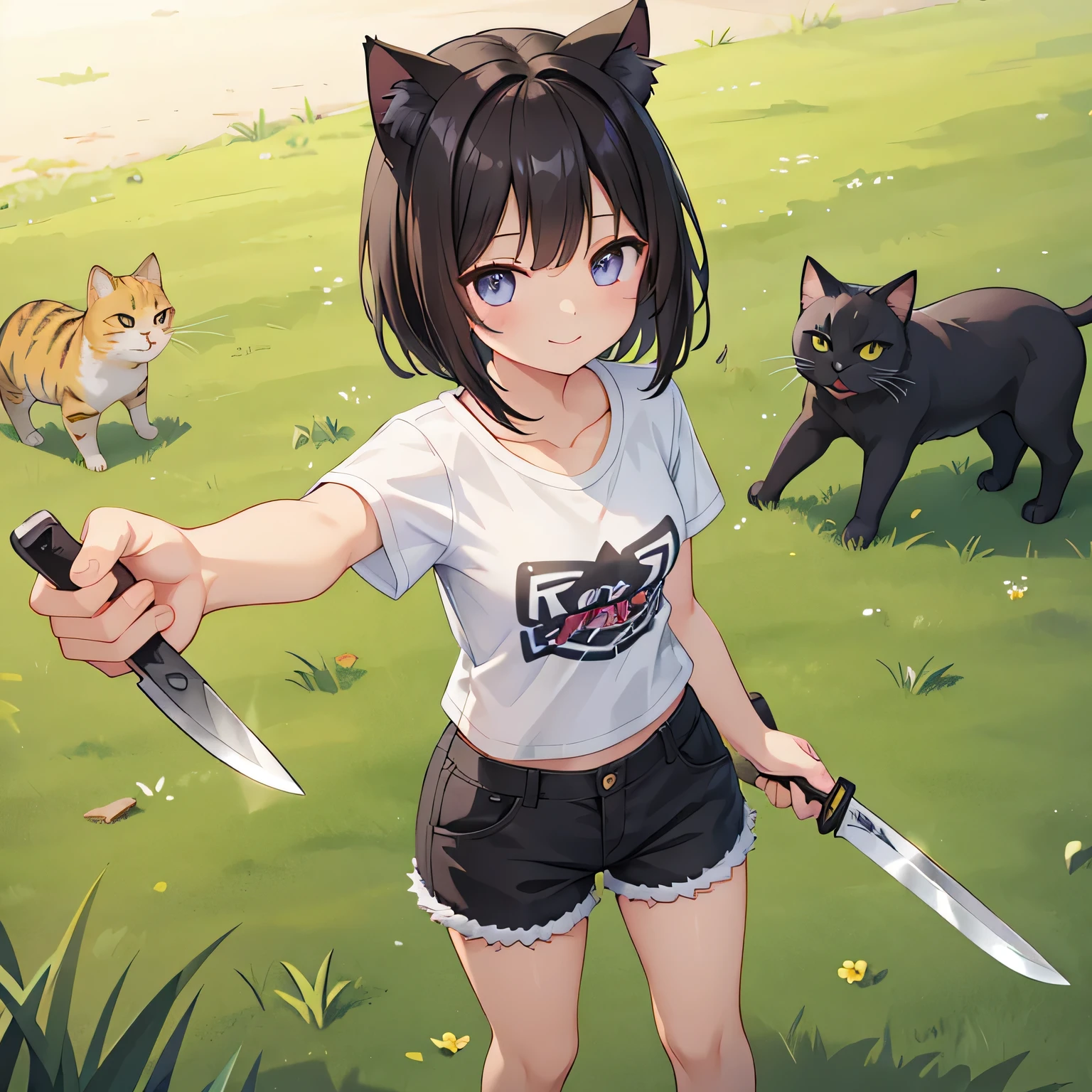 highest quality、One girl、、Small breasts、Cat ear、Short black hair、Iris、Cropped T-shirt、Shorts、smile、Holding a knife in the wrong hand、Standing in the grass