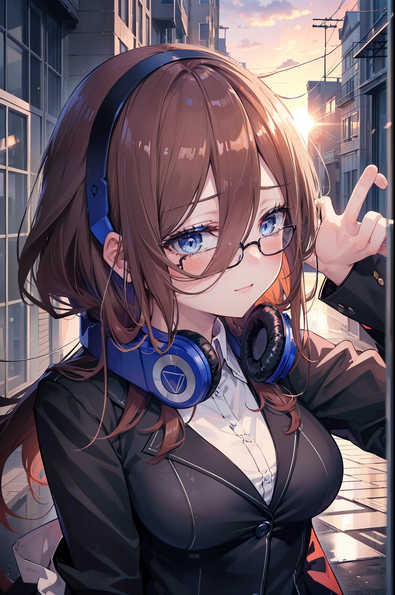 Miku Nakano, Miku Nakano, Long Hair, bangs, blue eyes, Brown Hair,,Blue Hairband ,Hair between the eyes, happy smile, smile, Open your mouth,Headphones around the neck,OL, Akagi glasses, Black suit jacket, Collared jacket, White dress shirt, Collared shirt, Neckline, button, Black pencil skirt, Black pantyhose,Stiletto heels,whole bodyがイラストに入るように,sunset,evening,The sun is setting, 
break outdoors, city,Building district,
break looking at viewer, whole body, (Cowboy Shot:1. 5)
break (masterpiece:1.2), highest quality, High resolution, unity 8k wallpaper, (shape:0.8), (Beautiful details:1.6), Highly detailed face, Perfect lighting, Extremely detailed CG, (Perfect hands, Perfect Anatomy),