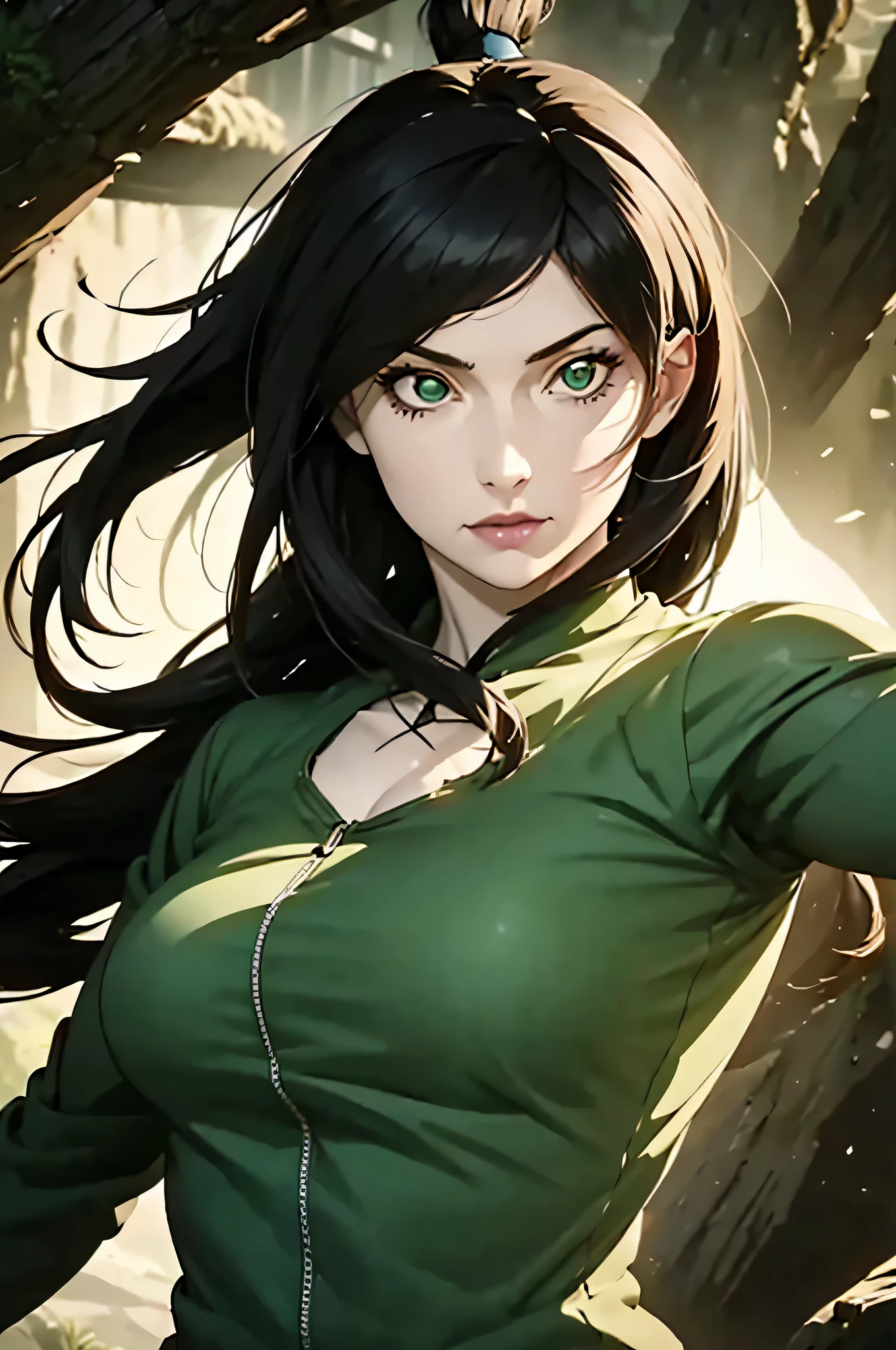 ((masterpiece, highest quality)), (solo focus), (perfect face:1.1), (high detail:1.1),dramatic, 1girl, (pale skin), Green eyes: 1.5, solo, long black hair, Hair over one eye), detailed background, Green clothes, earthbender, Mei from Naruto, (Abs:1.2), sfw,