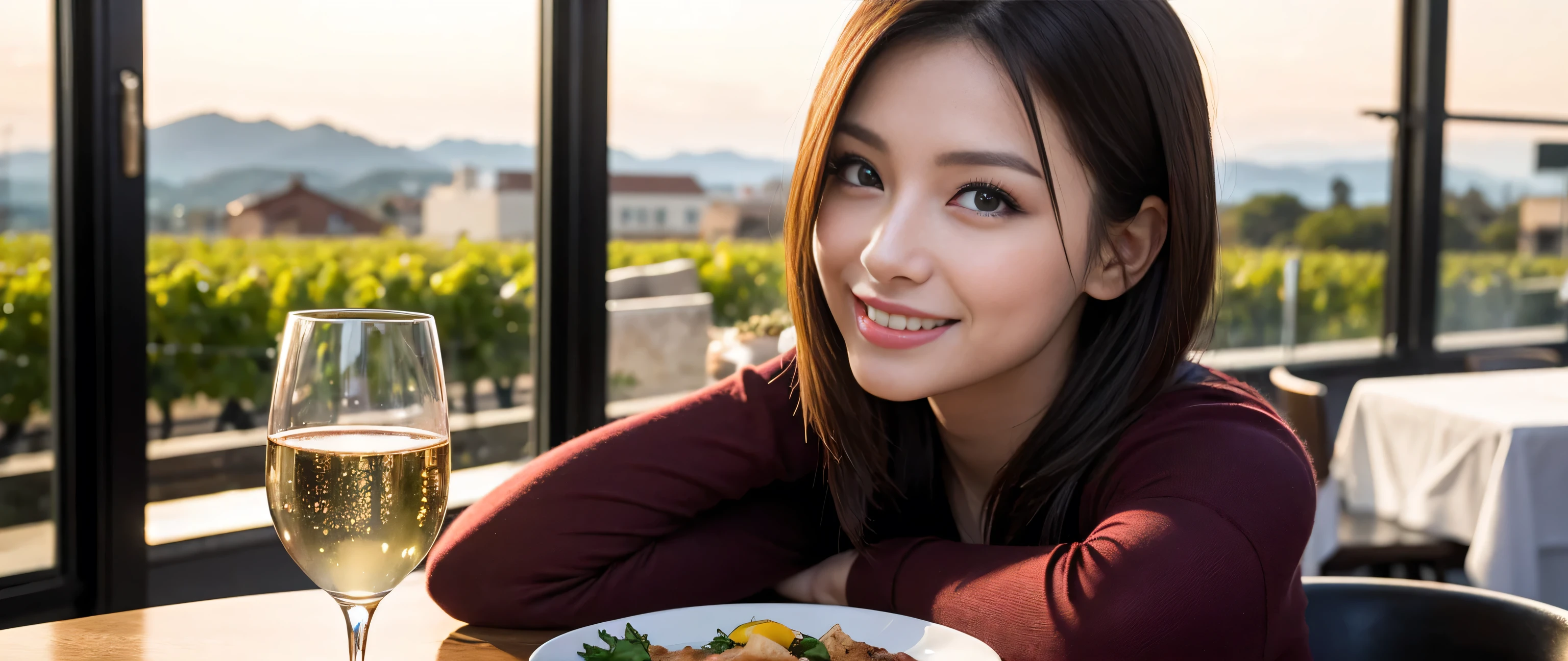 ((highest quality、8k、masterpiece:1.3))、Beautiful woman perfect body:1.4、Slim body、((Bob Hale、Straight hair:1.2))、 Ultra-high resolution, Bright image、2. The beauty of wine, Beautiful Face, blue eyes, Beautiful Eyes, The light shines on your face, Blushing your nose, short hair,Amazing view of the sunset sky and clouds、Amazing mountain views、A bright smile、A lovely woman with a smile、Bright Face、Fox face、Lady、Champagne、Wine bottle、wine glass、red wine 、Appetizers、Italian food、Two beauties、Brown Hair、Shortcuts、Long sleeve shirt、Winter Fashion、dress、Wine bottle、sparkling wine、Pretty Woman 1, (Slim face), (Brown Hair), (Shortcuts), cheeks turn a little red, (42 years old), 39 years old, Attractive beauty、restaurant, Nova Frog Style, actress, model, Upper Body, White wine, slim, wine glass, A wine glass placed in the middle, smile, (smile: 1.15), Beautiful Eyes, Strong light and shadow,Moist Body:1.5、Delicate eyes、Brown Hair、The hair is very shiny、