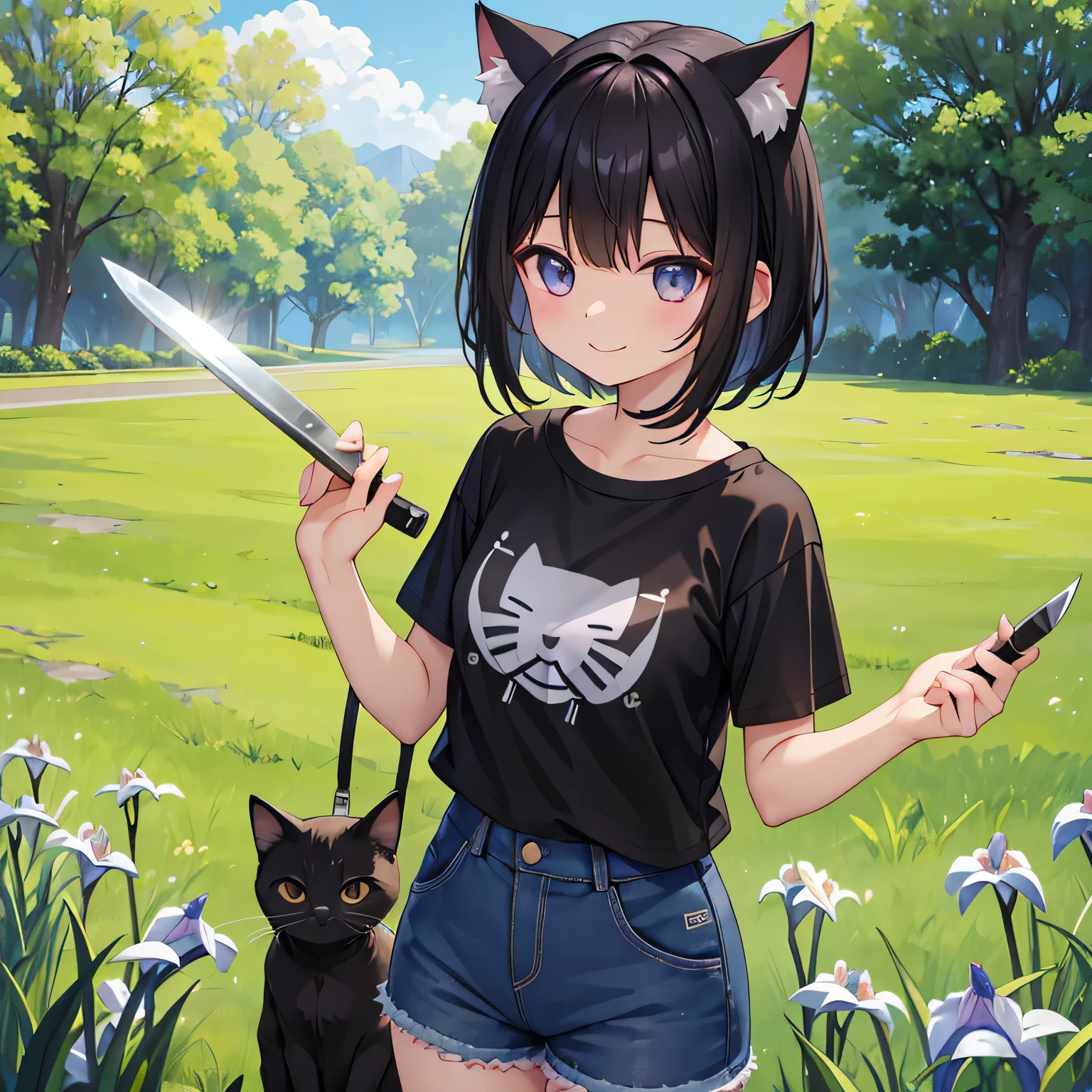 highest quality、One girl、、Small breasts、Cat ear、Short black hair、Iris、Cropped T-shirt、Shorts、smile、Holding a knife in the wrong hand、Standing in the grass