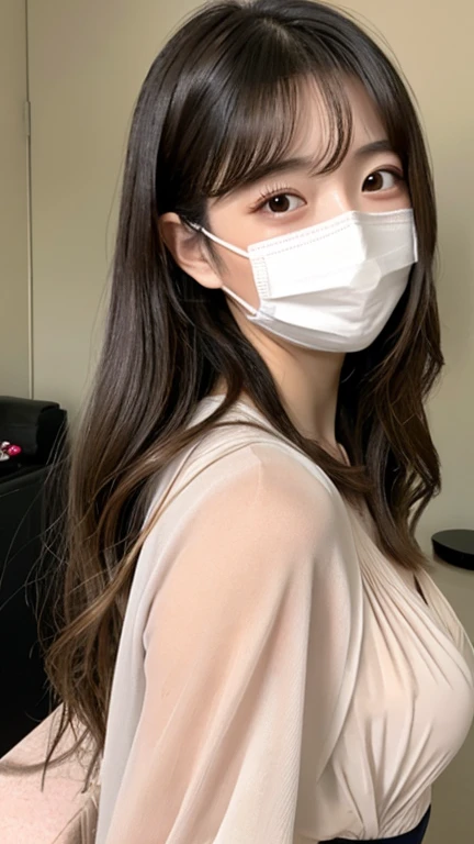 (masterpiece:1.2), Japanese, (18-year-old), (girl),  (Mouth mask), Short sleeve, Windows, NFSW、masterpiece、One Girl、Front view from the front、Japanese、Very young and pretty woman、(世界で一番かわいいgirl)、See-through inner、Chiffon skirt、Very elaborate costumes、Scrunchie、Attractive person、Super cute face、Glossy Lips、Double eyelids on both eyes、 Natural Makeup、Shiny and smooth light brown hair、Bans、Long Hair、Asymmetrical bangs、Center image、8k resolution、Advanced Details、Detailed hairstyle、Detailed face、Great cinema lighting、Octane Rendering、Vibrant、Ultra-realistic、Perfect limbs、Perfect Anatomy、Selfie